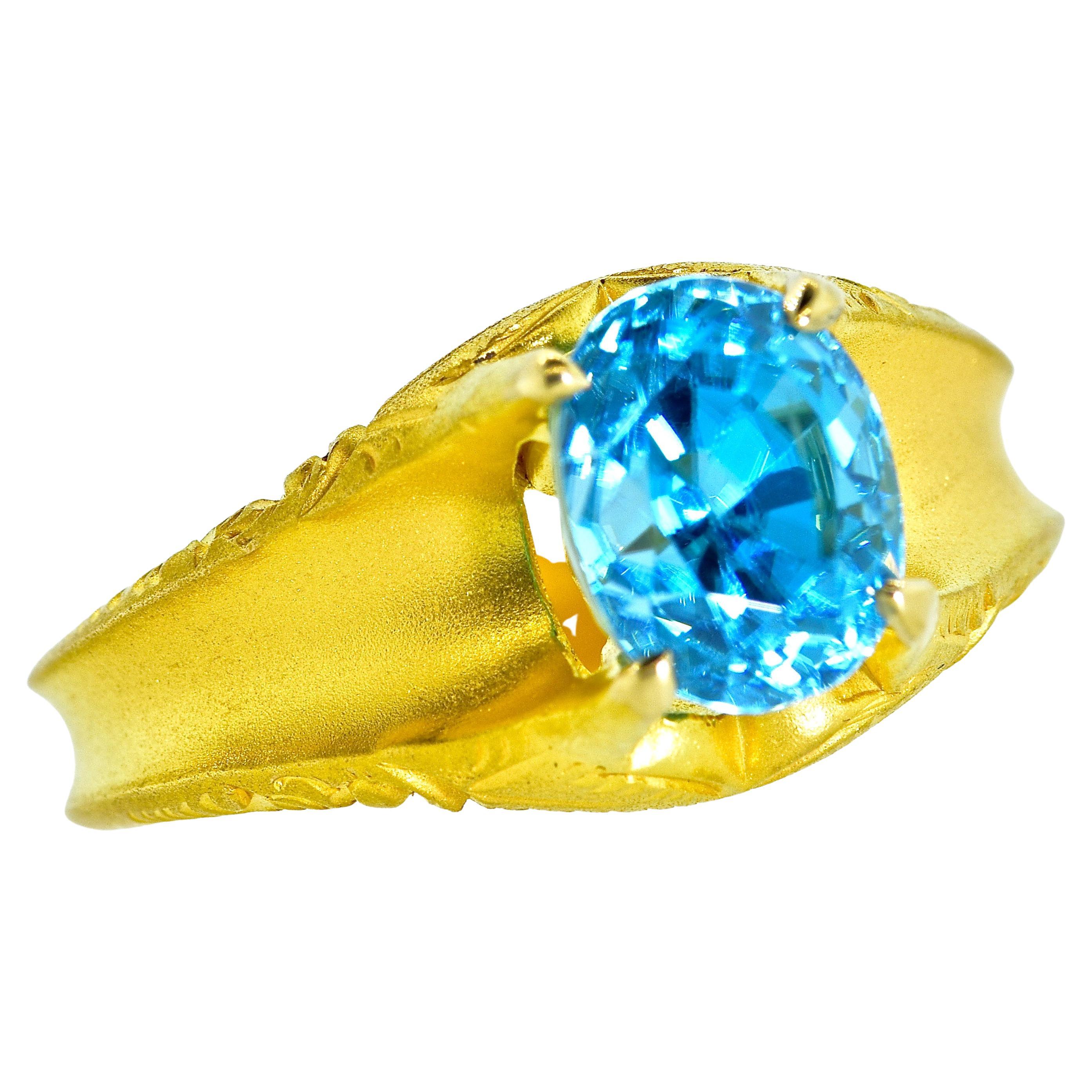 Brilliant Cut Antique Ring 18K Centering a Natural Very Fine Blue Zircon, circa 1890 For Sale