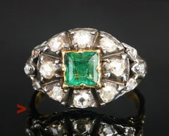 Antique Ring 1ct Emerald 0.9 ctw Diamonds solid 18K Gold Silver ØUS5.5 /4.7gr