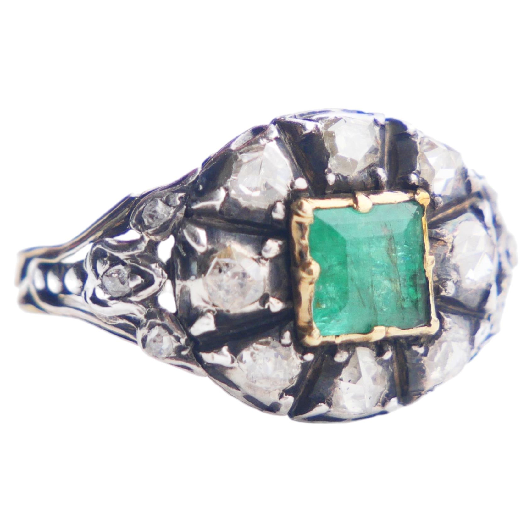 Antique Ring 1ct Emerald 0.9 ctw Diamonds solid 18K Gold Silver ØUS5.5 /4.7gr