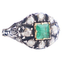 Antique Ring 1ct Emerald 0.9 ctw Diamonds solid 18K Gold Silver ØUS5.5 /4.7gr
