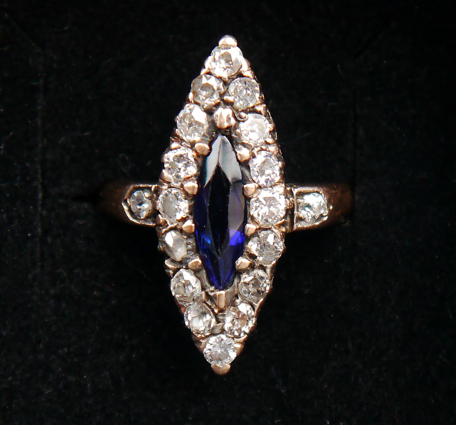 Art Deco Antique Ring 1ct Sapphire 1 ctw Diamonds solid 14K Rose ØUS 5.5 / 3.4gr For Sale