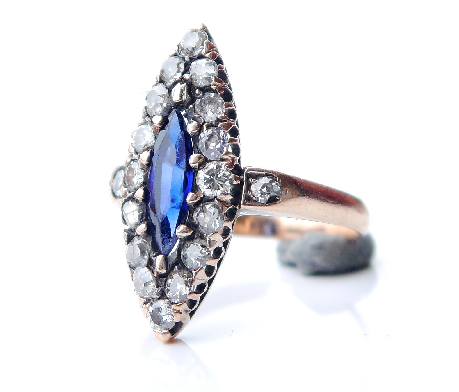 Antique Ring 1ct Sapphire 1 ctw Diamonds solid 14K Rose ØUS 5.5 / 3.4gr For Sale 1