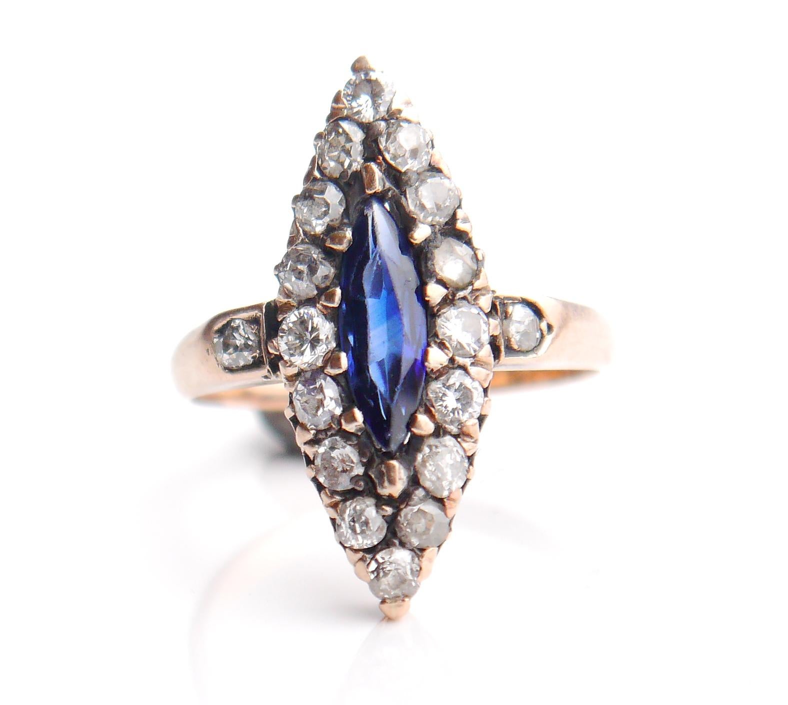 Antique Ring 1ct Sapphire 1 ctw Diamonds solid 14K Rose ØUS 5.5 / 3.4gr For Sale 3