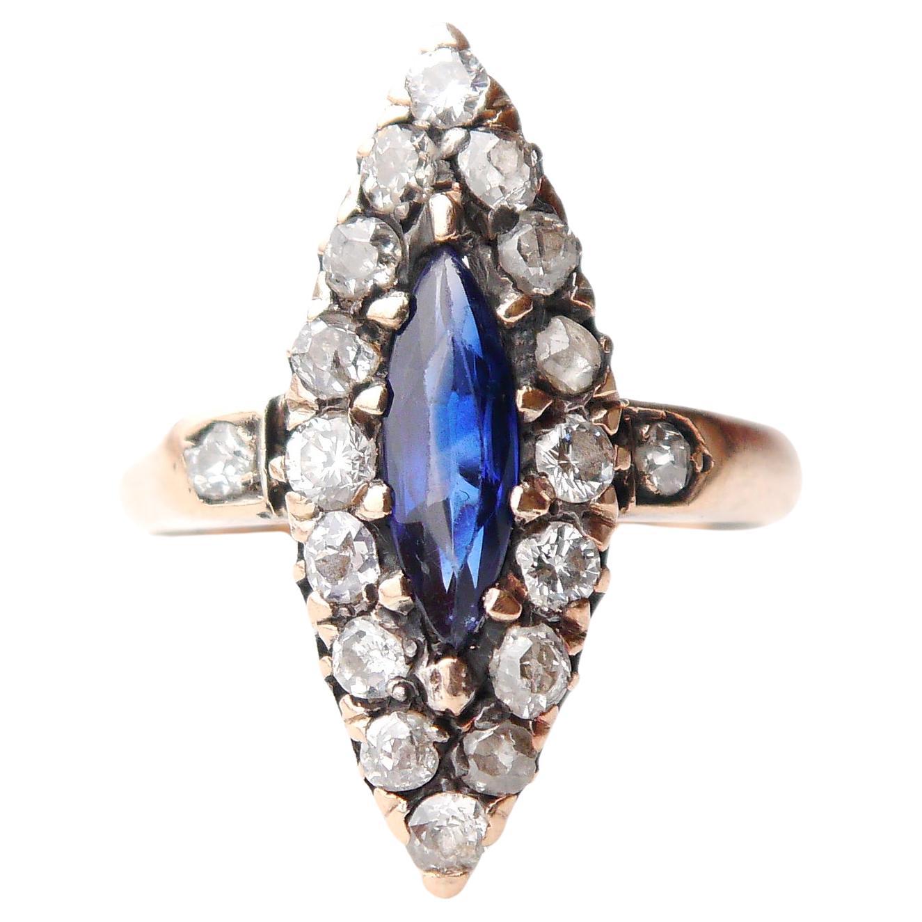 Antique Ring 1ct Sapphire 1 ctw Diamonds solid 14K Rose ØUS 5.5 / 3.4gr For Sale