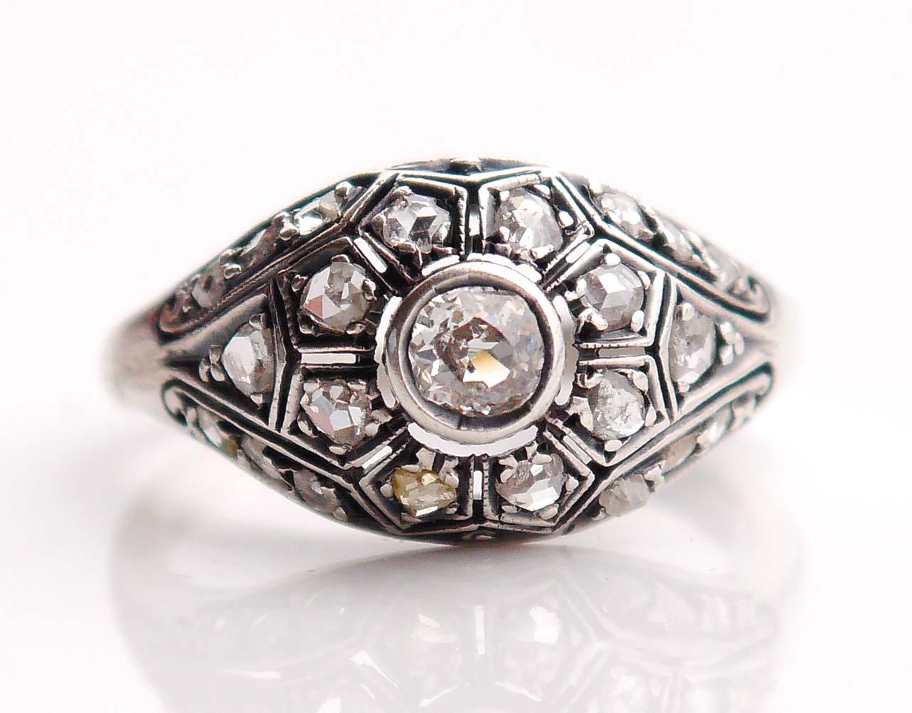Old European Cut Antique Ring 1ctw Diamonds solid Silver Ø US5.5 /2.5 gr For Sale