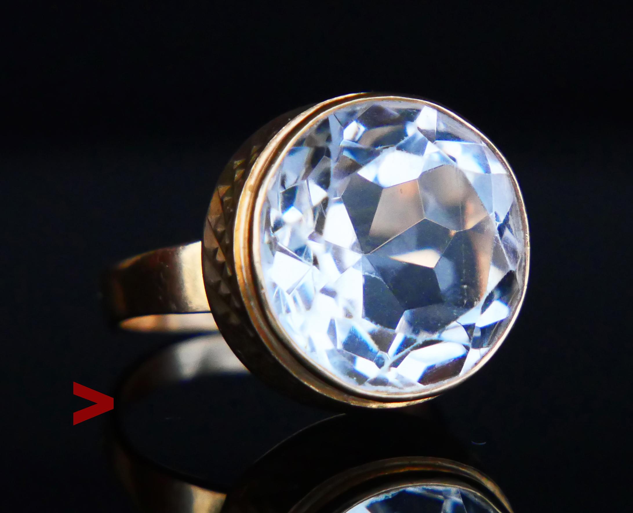 Beautiful ca.1930s -1940s European Ring featuring huge natural Rock Crystal or colorless Quartz stone.

The band and crown in solid 18ct Yellow Gold + bezel set natural Rock Crystal old diamond cut Ø 15 mm x 9.33 mm deep / ca. 20 ct. The stone is of
