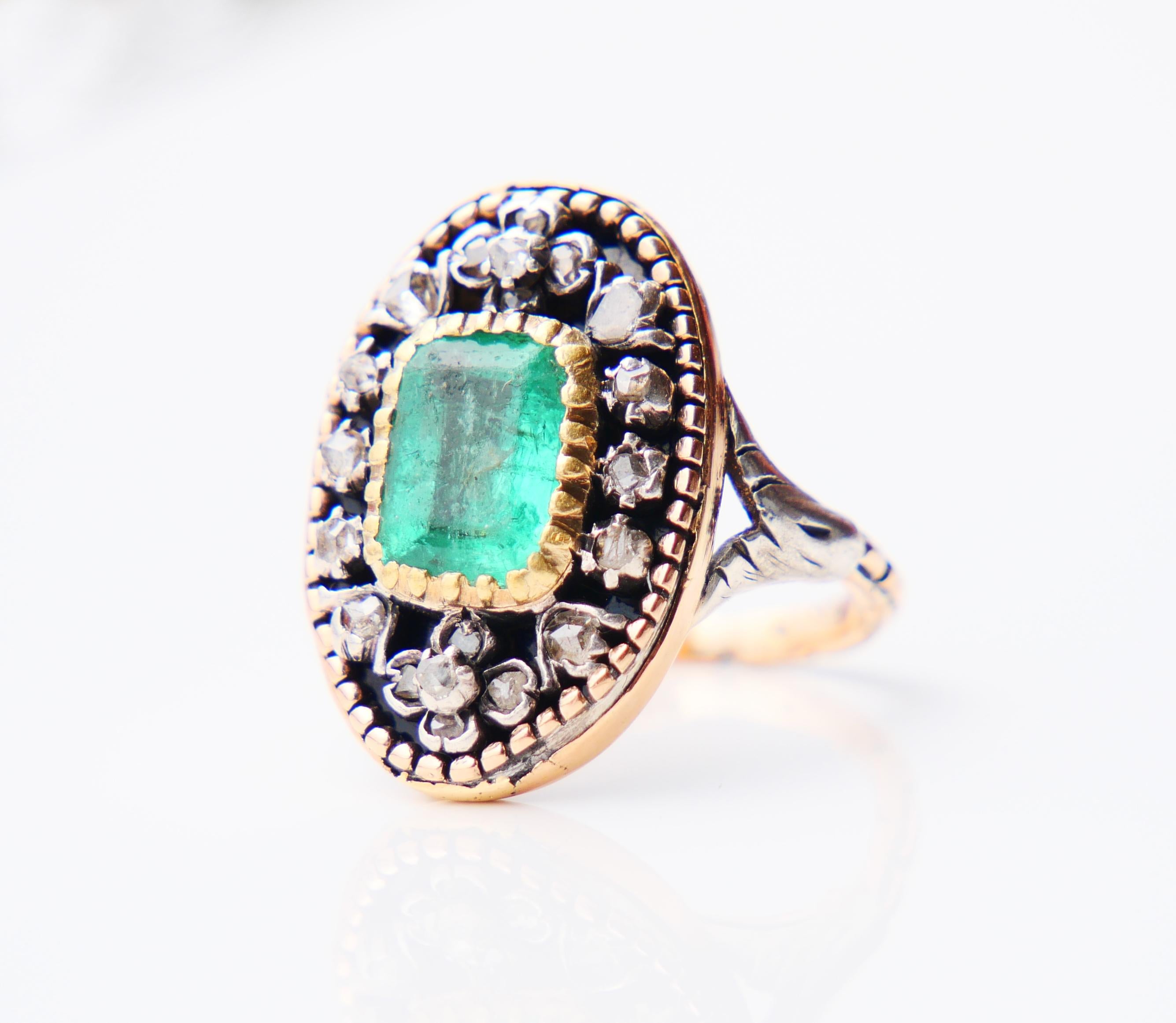 Antique Ring 2.2ct Emerald 1.2ctw Diamonds 18K Gold Silver Enamel Ø 5.5US/7.3gr For Sale 5