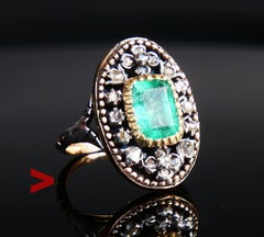 Antique Ring 2.2ct Emerald 1.2ctw Diamonds 18K Gold Silver Enamel Ø 5.5US/7.3gr
