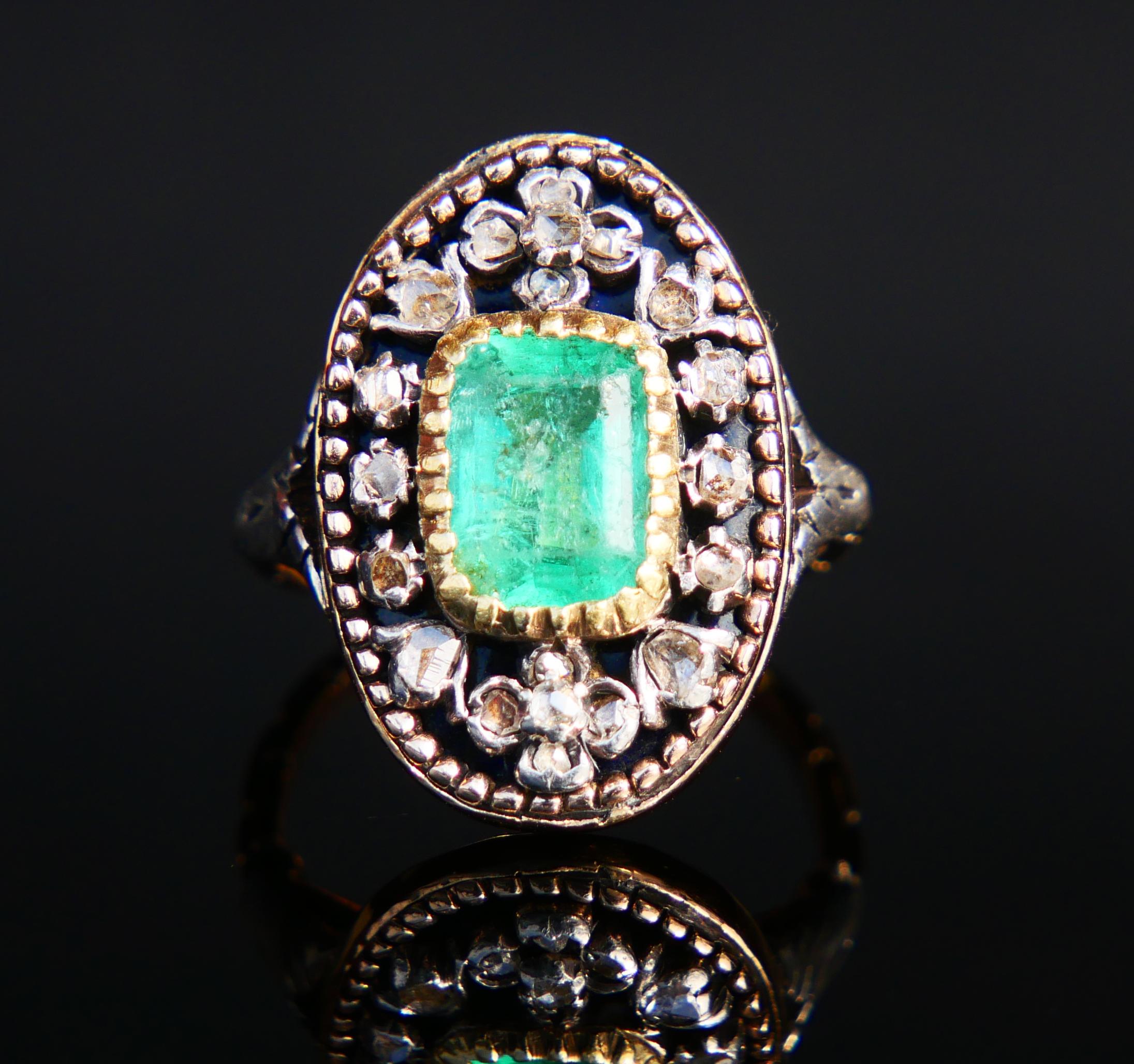 Empire Antique Ring 2.2ct Emerald 1.2ctw Diamonds 18K Gold Silver Enamel Ø 5.5US/7.3gr For Sale