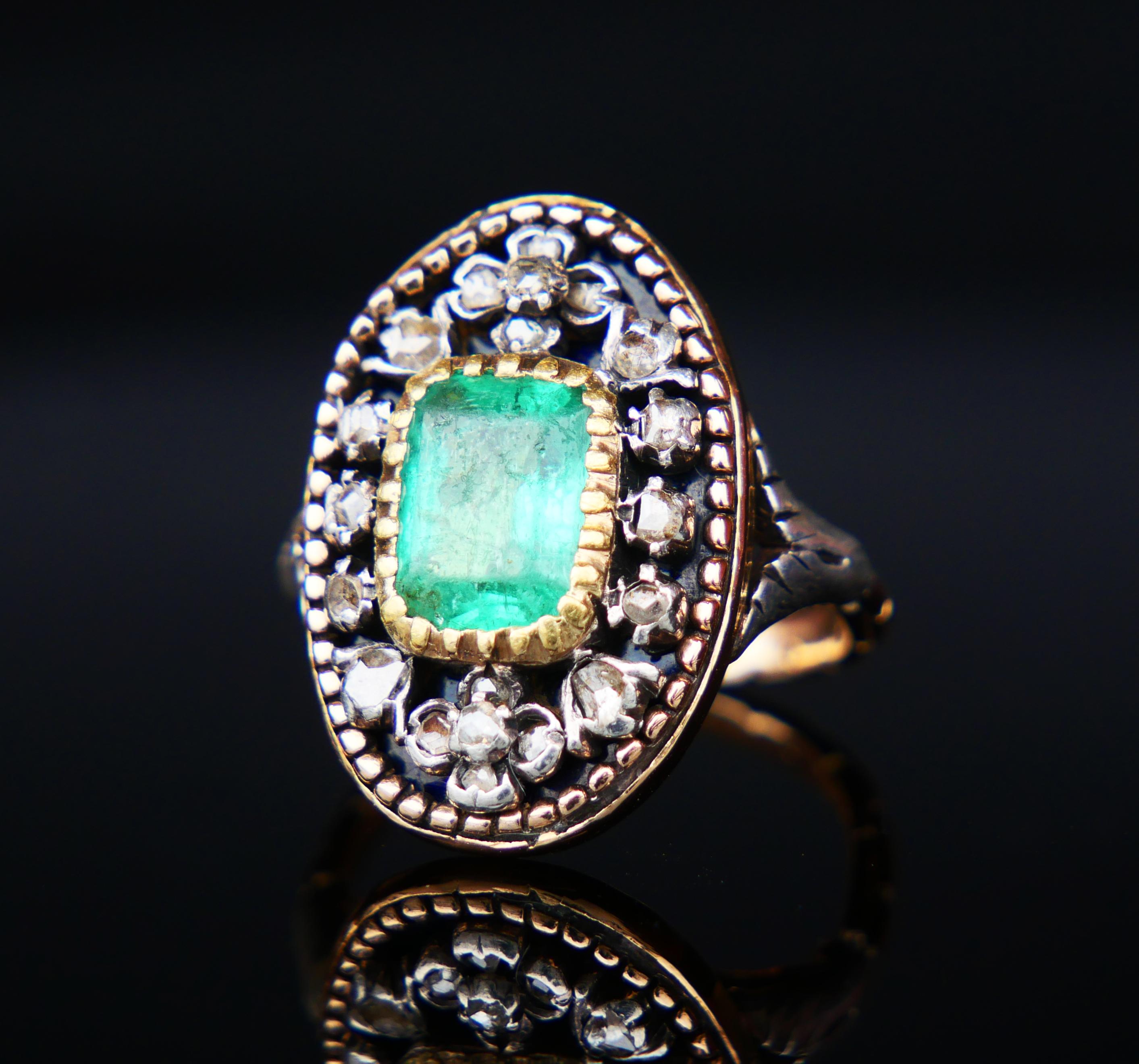 Taille émeraude Bague ancienne 2.2ct Emerald 1.2ctw Diamonds 18K Gold Silver Enamel Ø 5.5US/7.3gr en vente