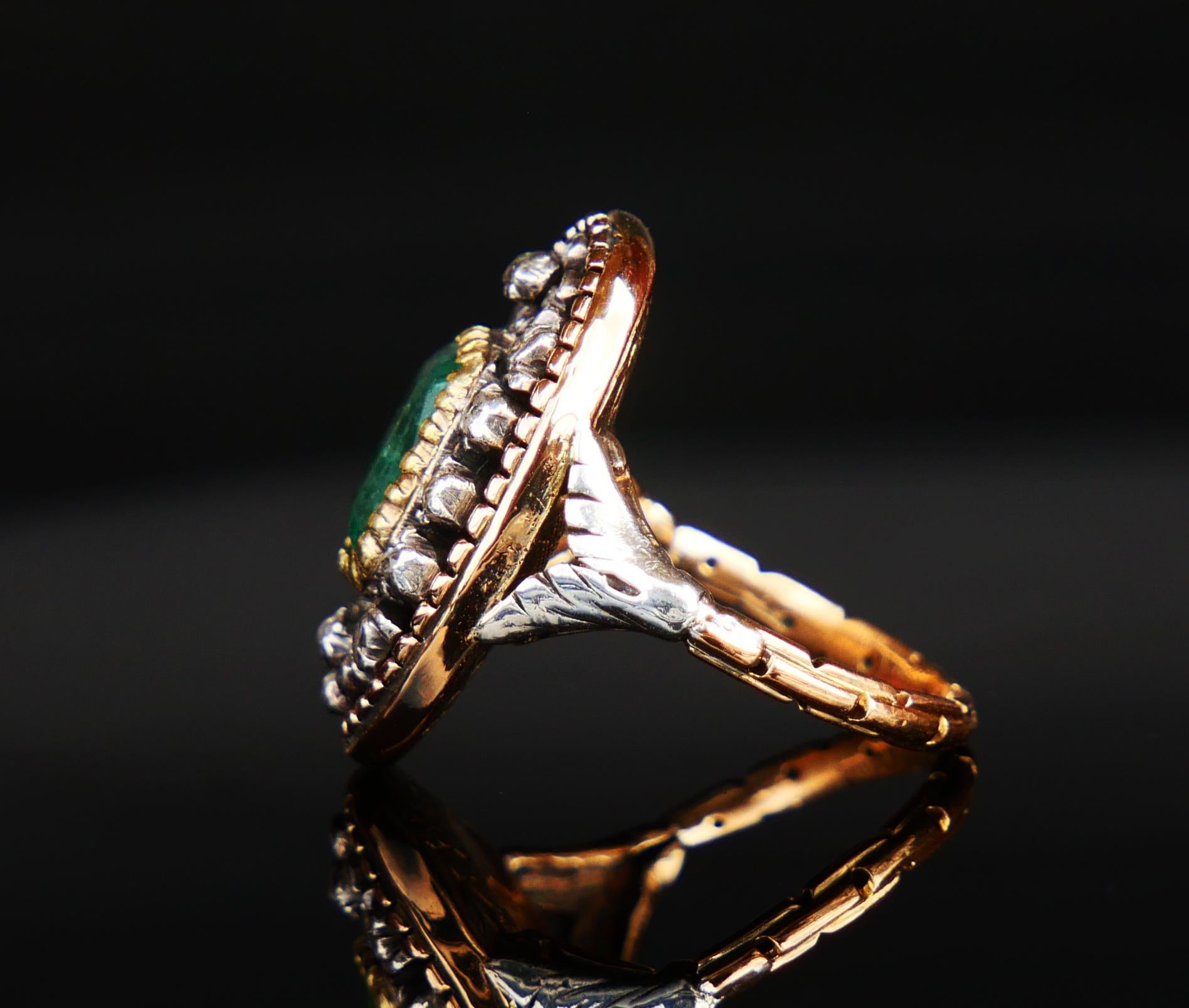 Women's Antique Ring 2.2ct Emerald 1.2ctw Diamonds 18K Gold Silver Enamel Ø 5.5US/7.3gr For Sale