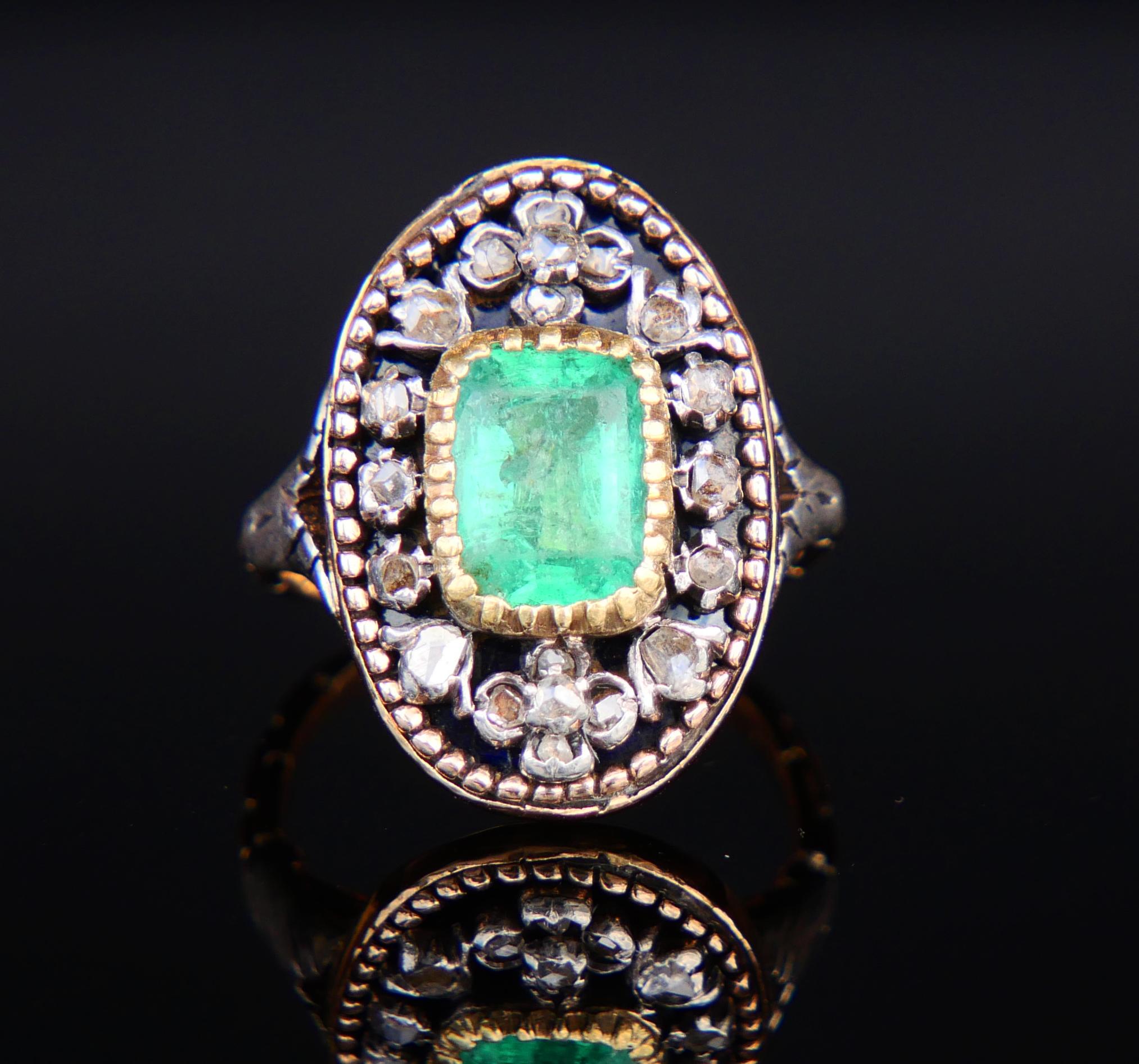 Antique Ring 2.2ct Emerald 1.2ctw Diamonds 18K Gold Silver Enamel Ø 5.5US/7.3gr For Sale 1