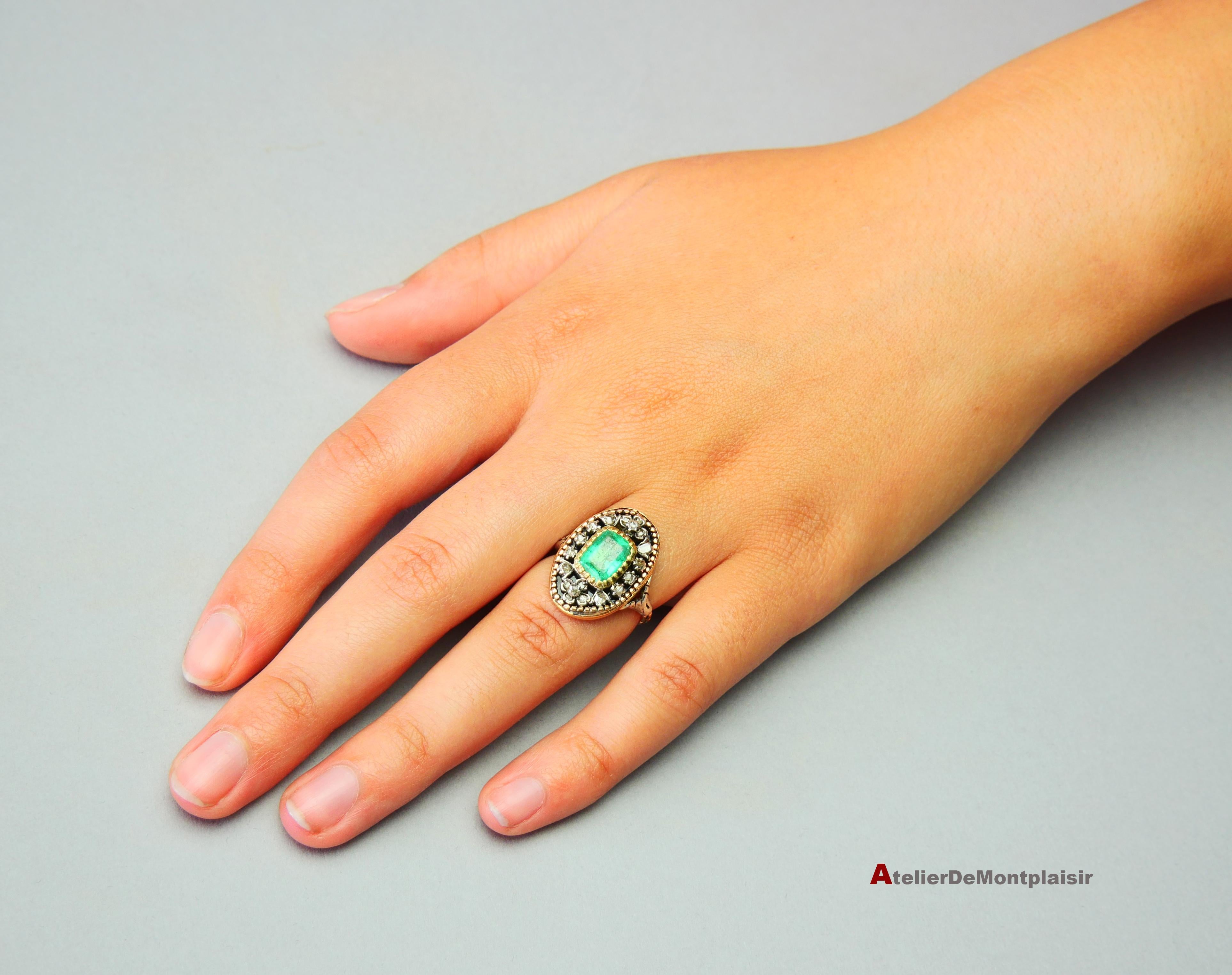 Antique Ring 2.2ct Emerald 1.2ctw Diamonds 18K Gold Silver Enamel Ø 5.5US/7.3gr For Sale 3