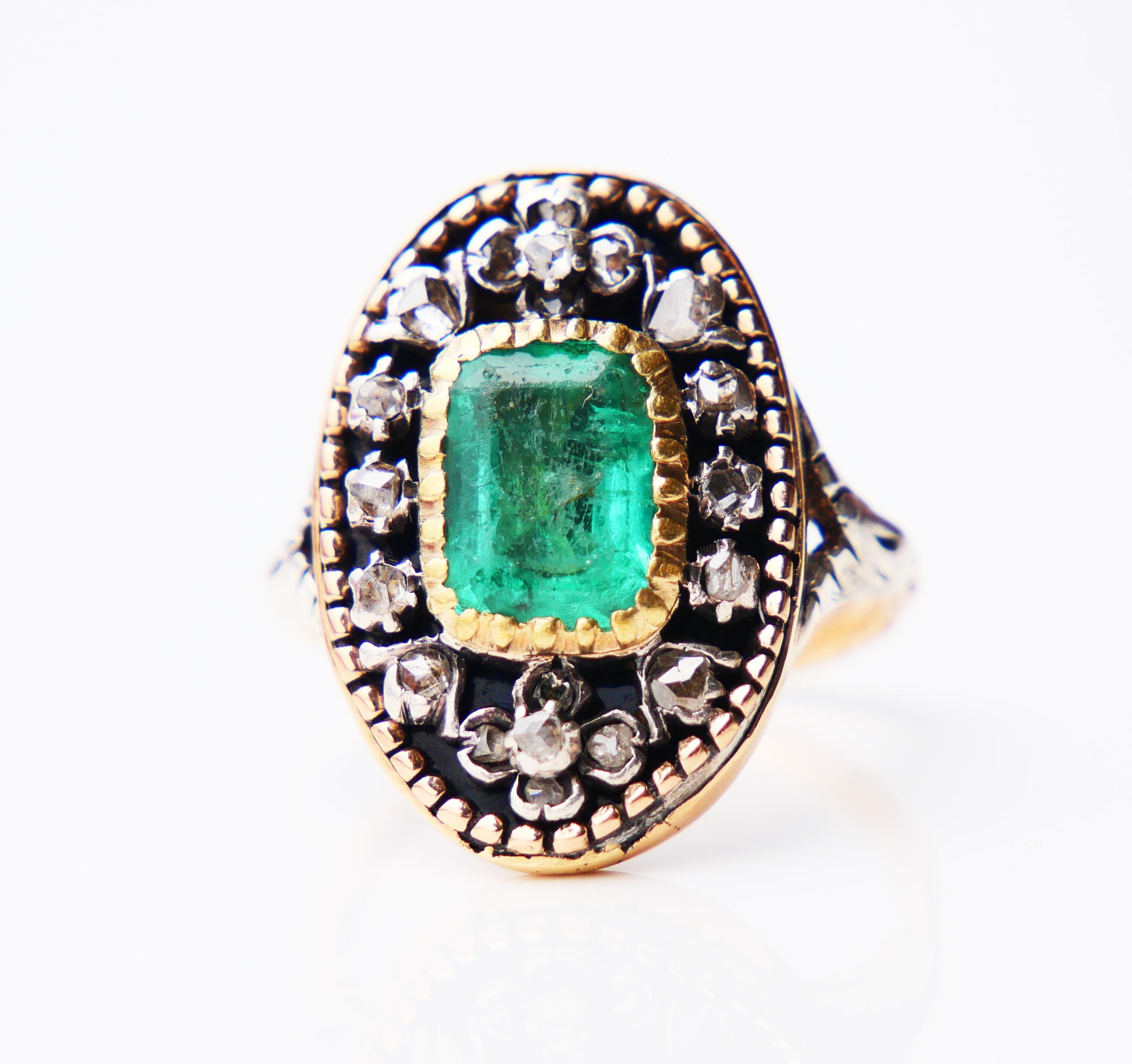 Antique Ring 2.2ct Emerald 1.2ctw Diamonds 18K Gold Silver Enamel Ø 5.5US/7.3gr For Sale 4