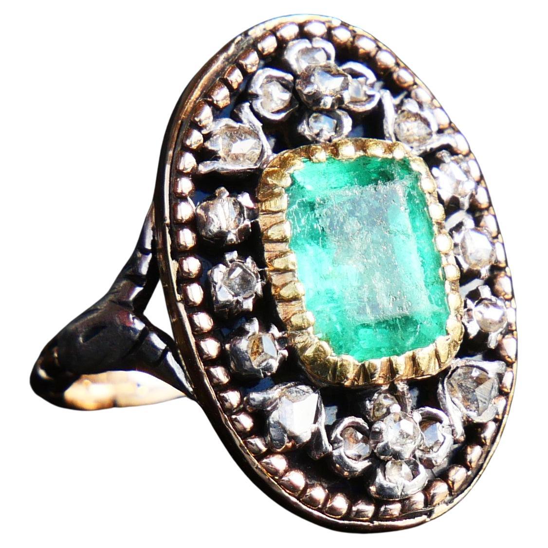 Antique Ring 2.2ct Emerald 1.2ctw Diamonds 18K Gold Silver Enamel Ø 5.5US/7.3gr For Sale