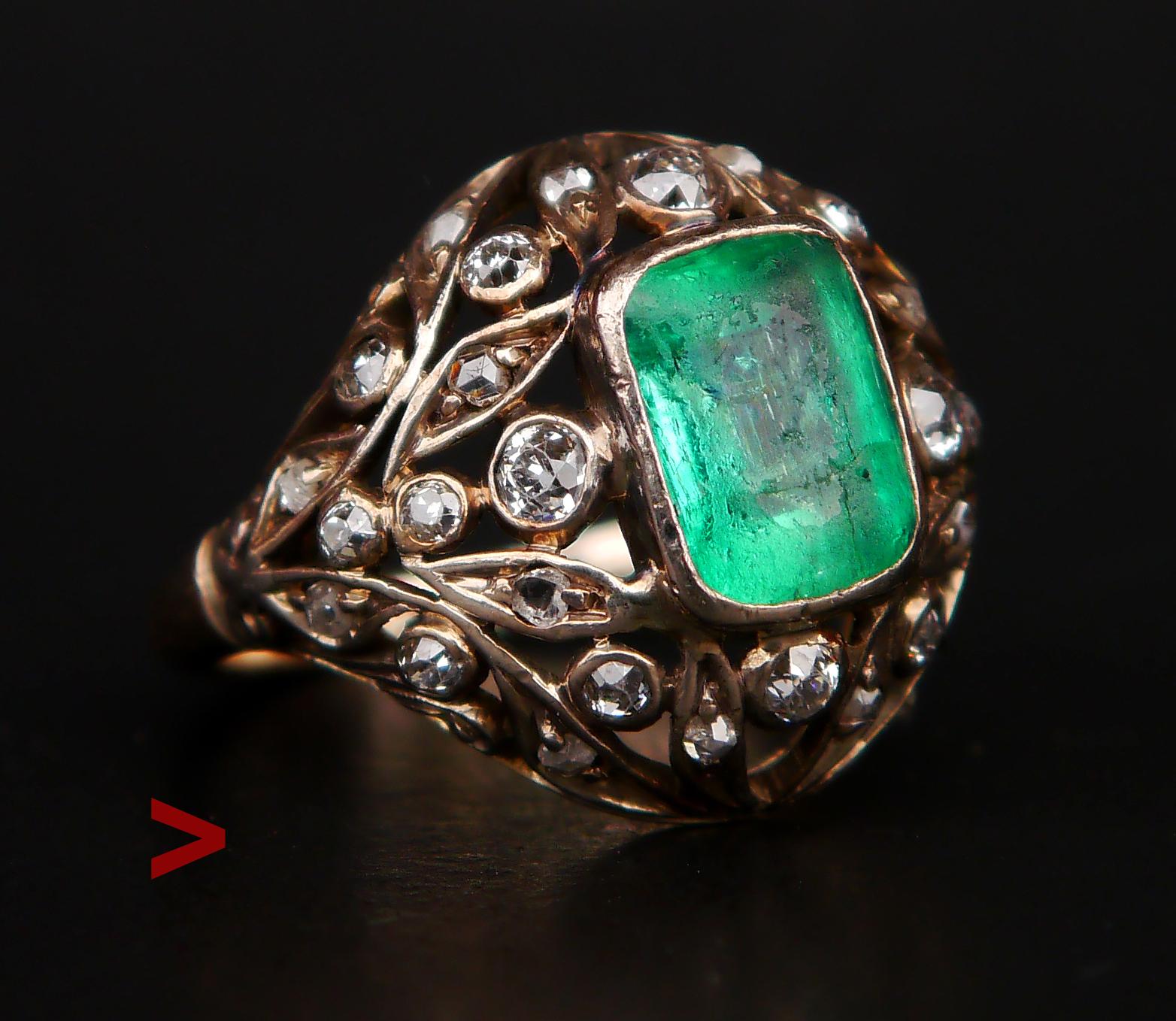 Antique ring with crown in White Gold/or Silver on 14K Green Gold band.
No hallmarks. Made ca XIX - early XX century. The band was tested 14K Green Gold.

Silver or White Gold crown with ornamental floral open work show pave set old diamond cut and