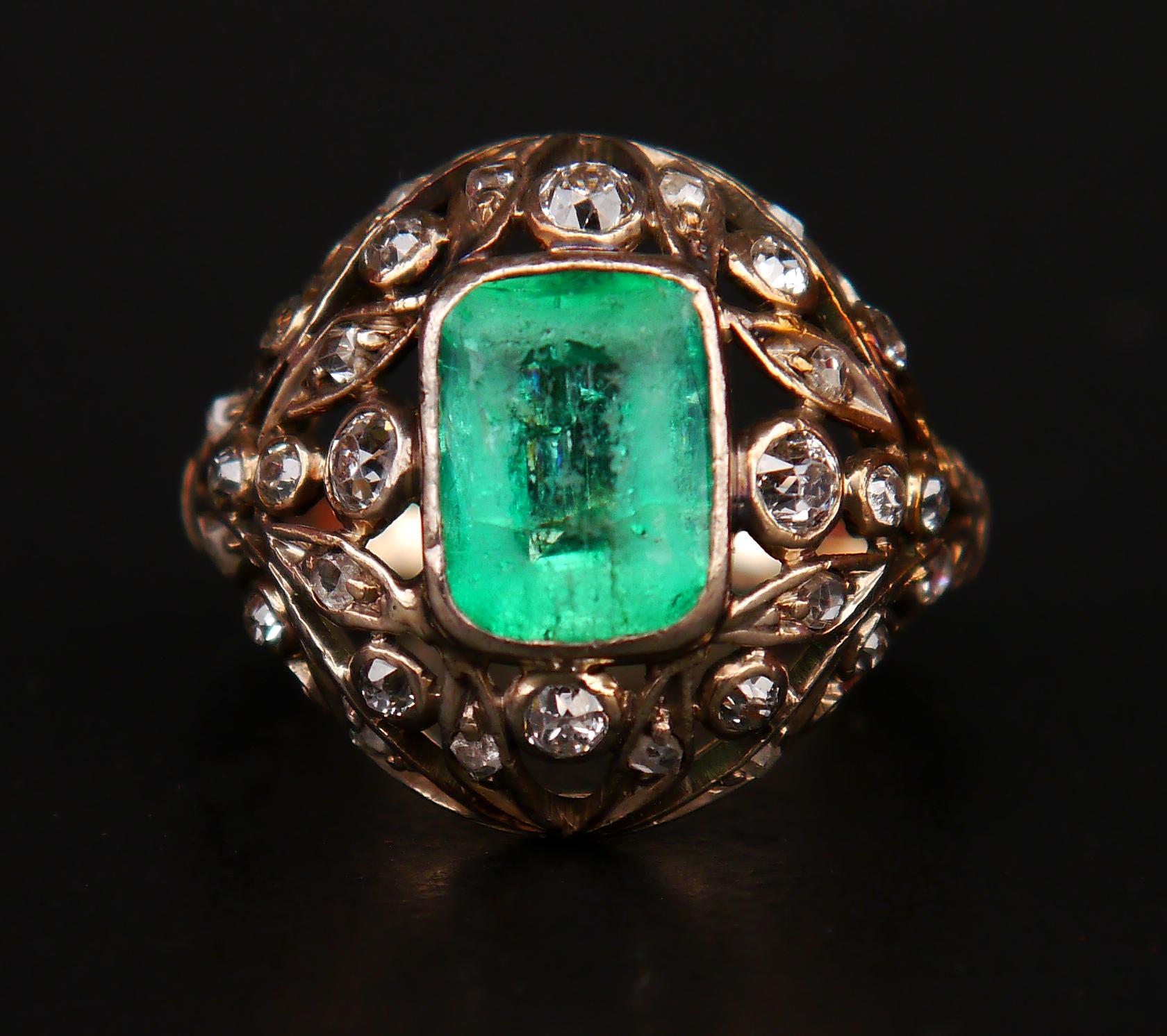 Antiker Ring 2.5ct Smaragd 1ctw Diamanten 14K Grün Weiß Gold Ø 5 US / 4.3gr (Art nouveau) im Angebot