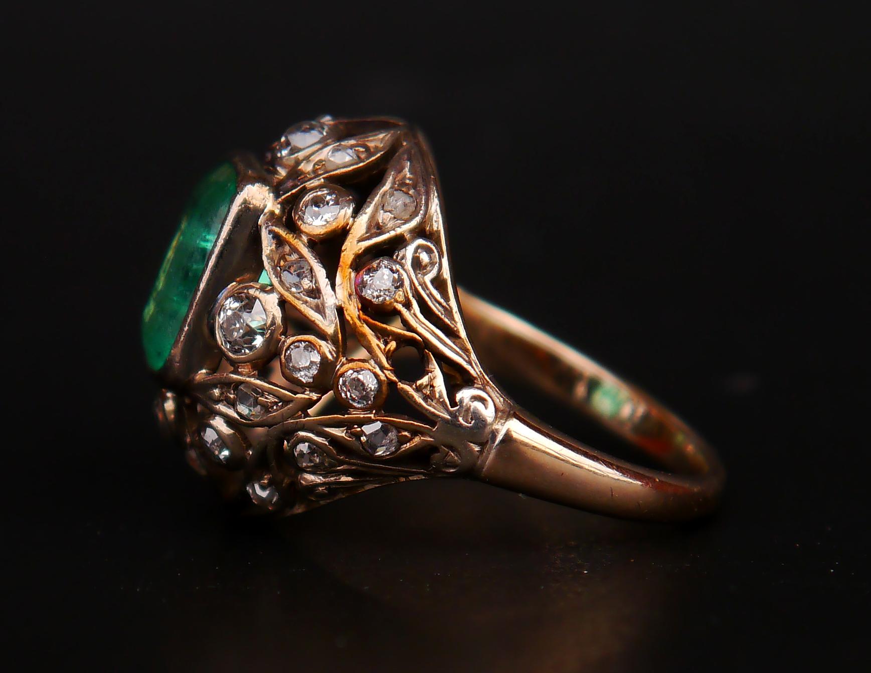 Antiker Ring 2.5ct Smaragd 1ctw Diamanten 14K Grün Weiß Gold Ø 5 US / 4.3gr (Smaragdschliff) im Angebot