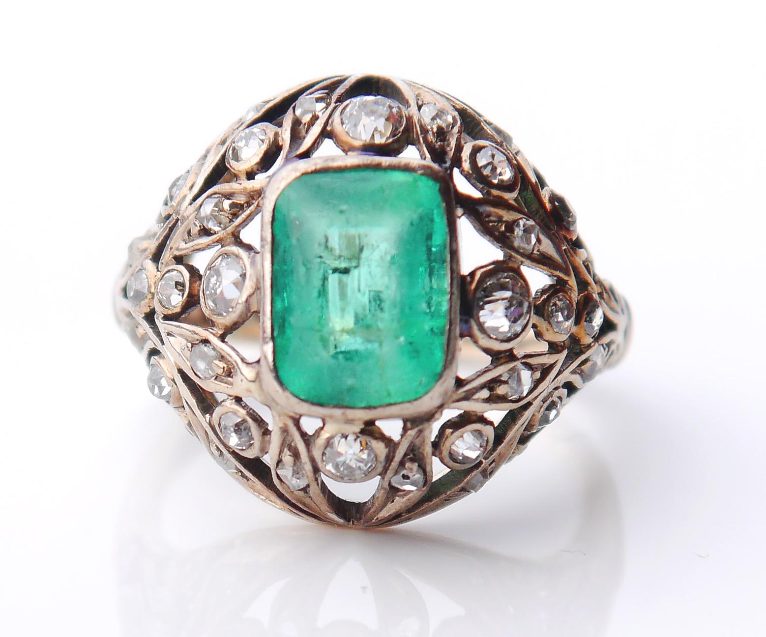 Antique Ring 2.5ct Emerald 1ctw Diamonds 14K Green White Gold Ø 5 US / 4.3gr For Sale 1