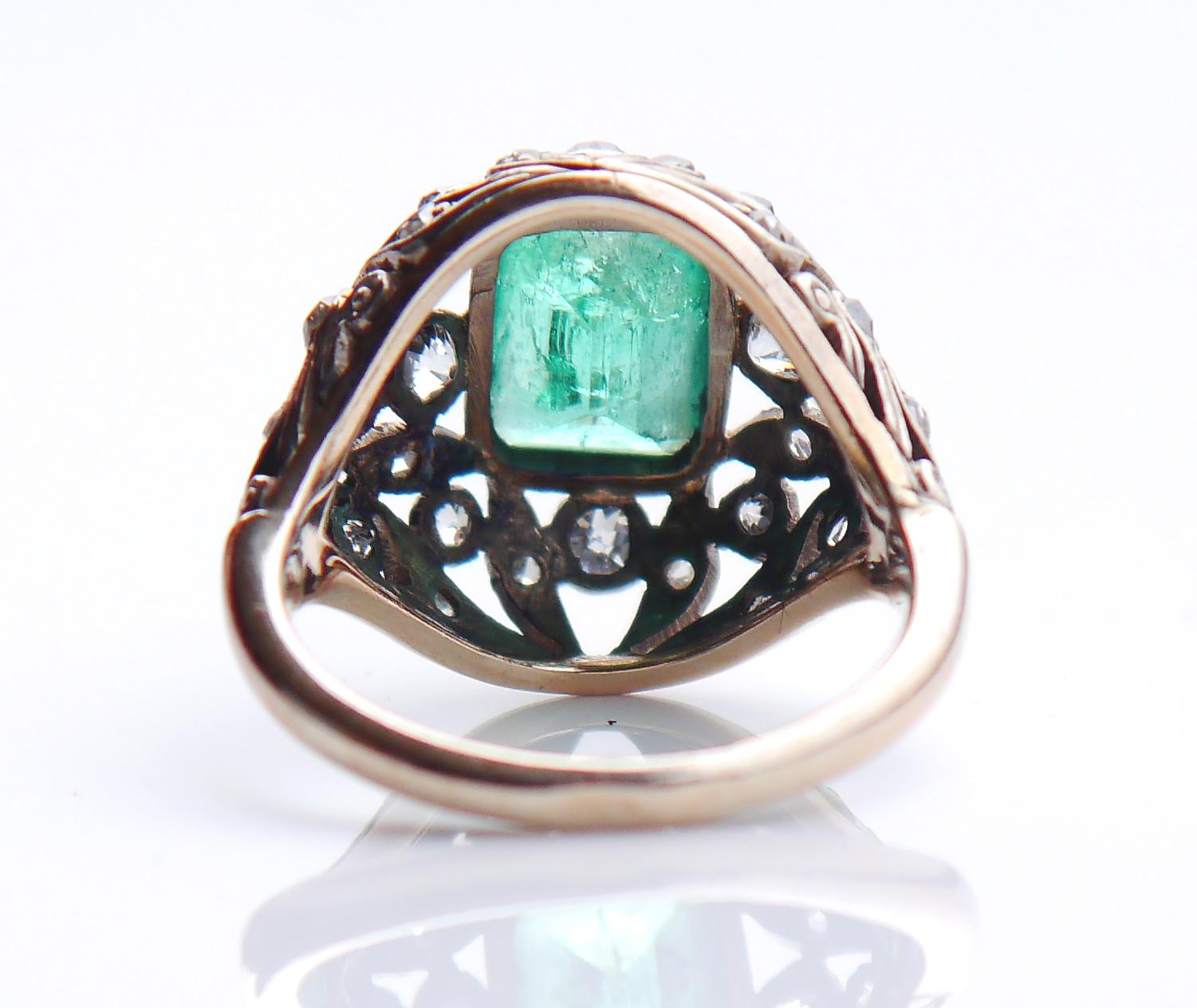Antiker Ring 2.5ct Smaragd 1ctw Diamanten 14K Grün Weiß Gold Ø 5 US / 4.3gr im Angebot 2