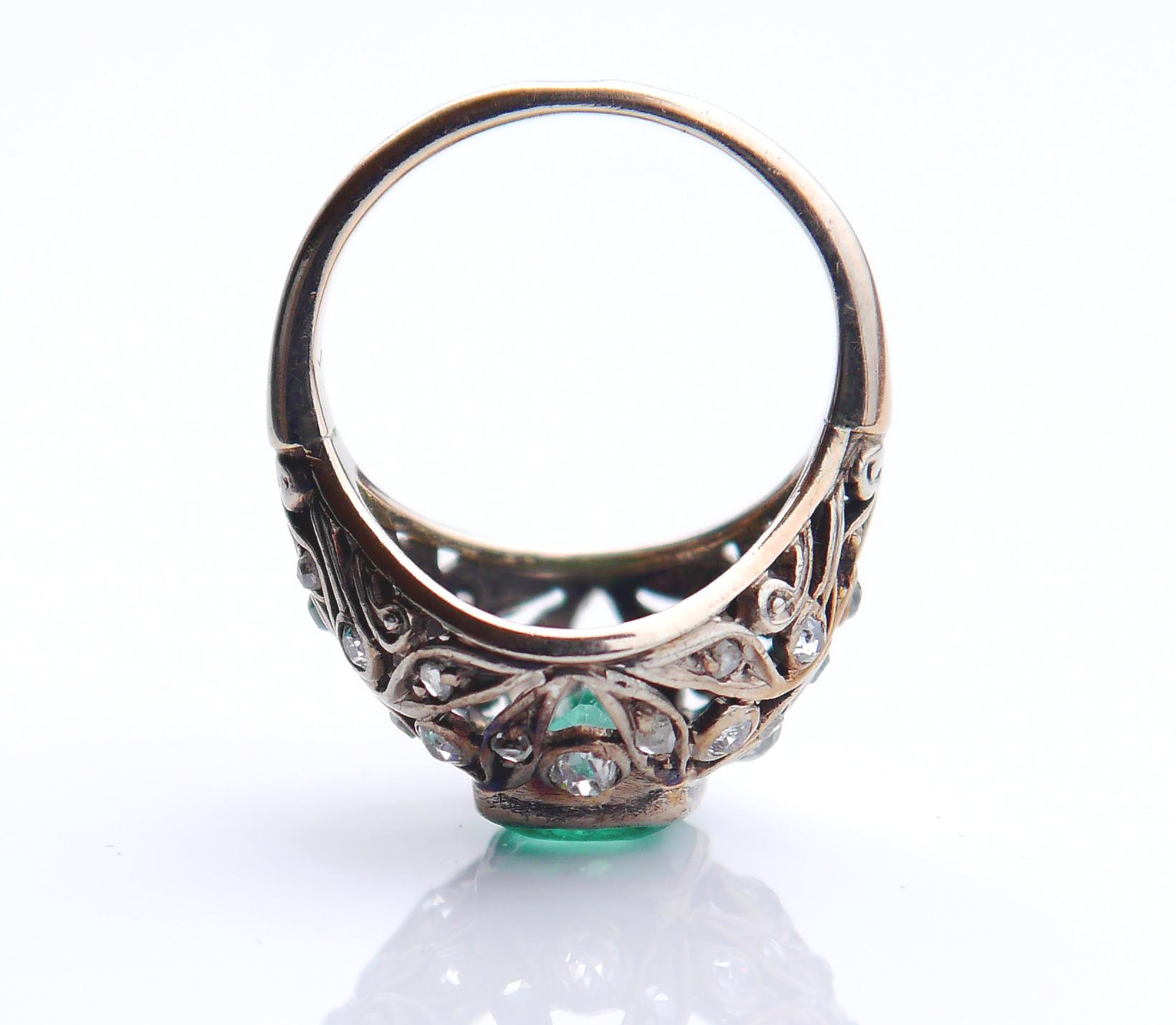 Antiker Ring 2.5ct Smaragd 1ctw Diamanten 14K Grün Weiß Gold Ø 5 US / 4.3gr im Angebot 4