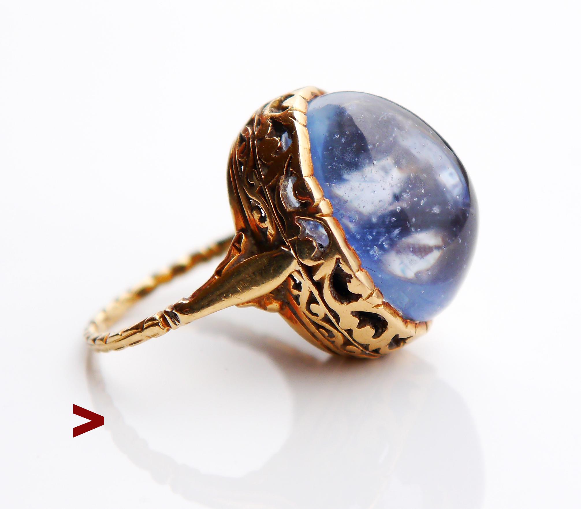 Luxurious Antique Ring in Renaissance style, band and crown tested solid 18K Gold,not hallmarked, European, ca. XVIII - early XIX centuries.

Huge cabochon of natural Light - Blue Sapphire measuring 16,69 mm x 12.2 mm x 10.7 mm deep /ca. 25 ct, most