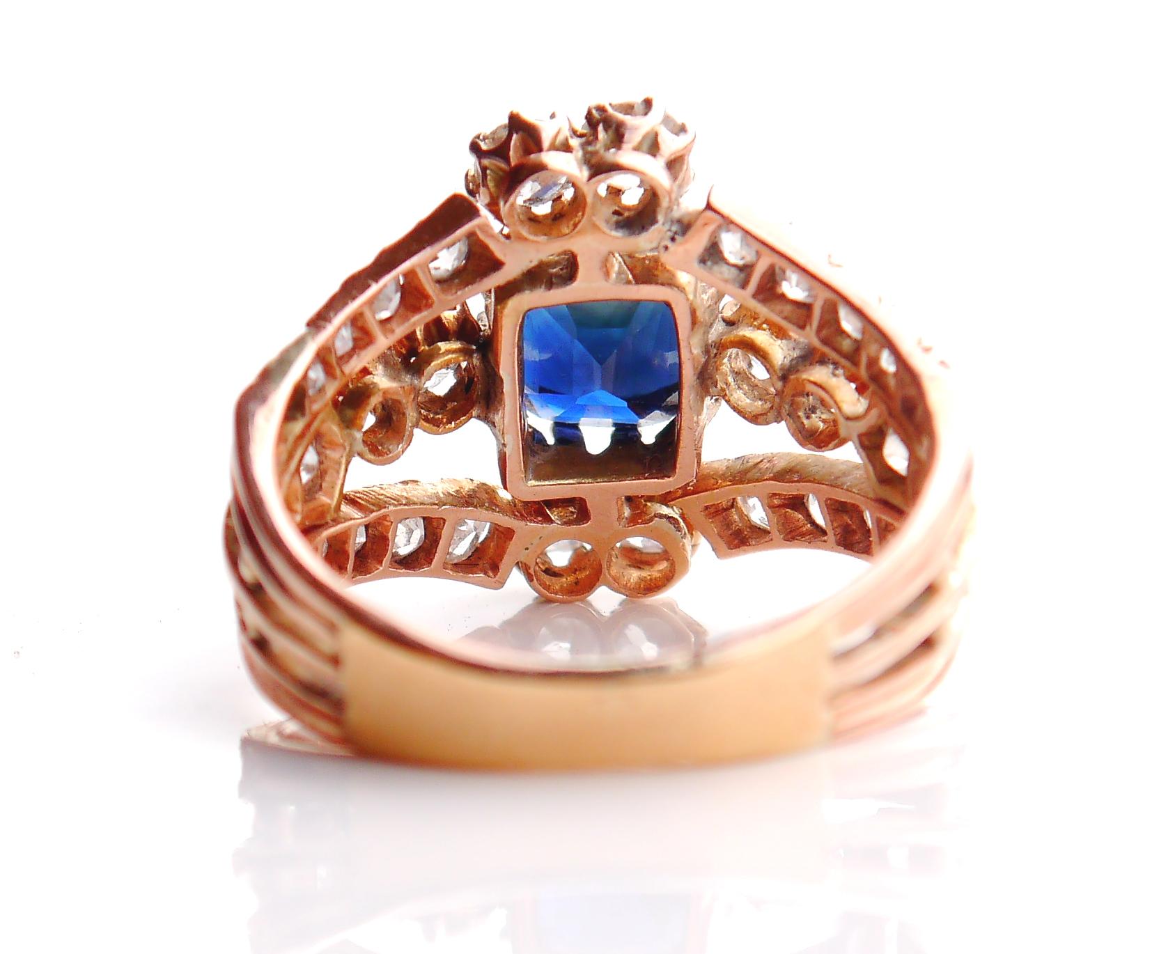 Art Deco Antique Ring 2ct Sapphire 2.8 ct Diamonds solid 14K Rose Gold Ø 6.5 US /4.9gr For Sale