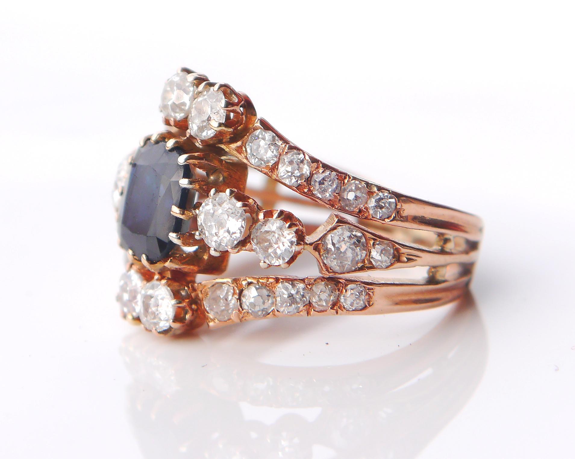 Princess Cut Antique Ring 2ct Sapphire 2.8 ct Diamonds solid 14K Rose Gold Ø 6.5 US /4.9gr For Sale