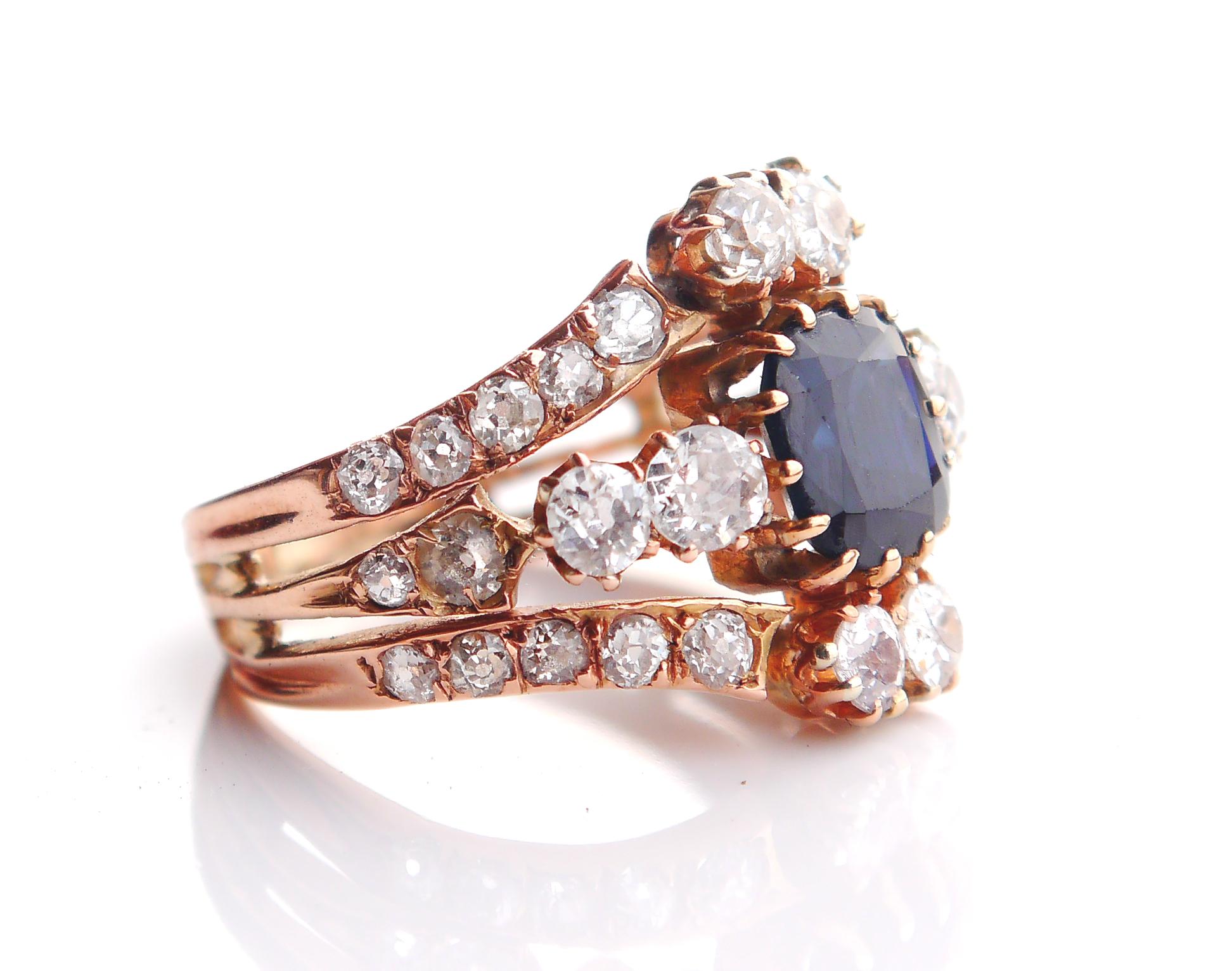 Women's Antique Ring 2ct Sapphire 2.8 ct Diamonds solid 14K Rose Gold Ø 6.5 US /4.9gr For Sale