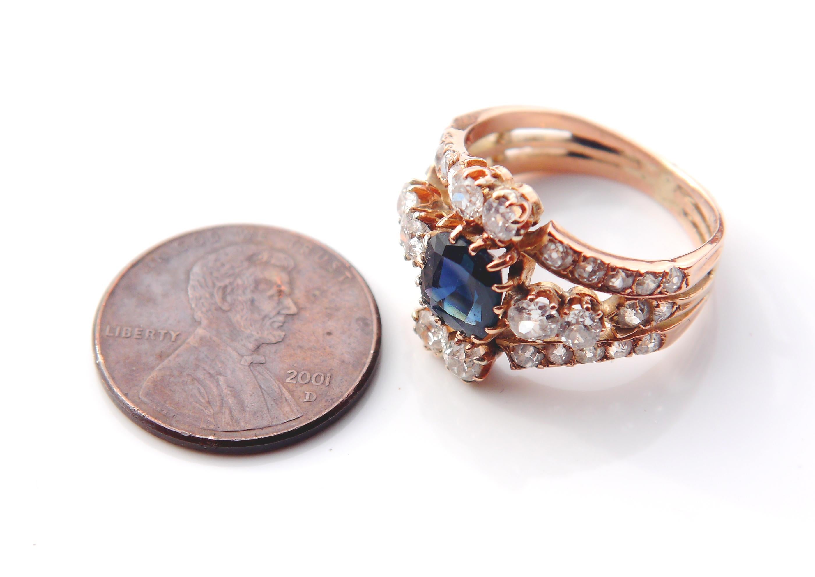 Antique Ring 2ct Sapphire 2.8 ct Diamonds solid 14K Rose Gold Ø 6.5 US /4.9gr For Sale 1