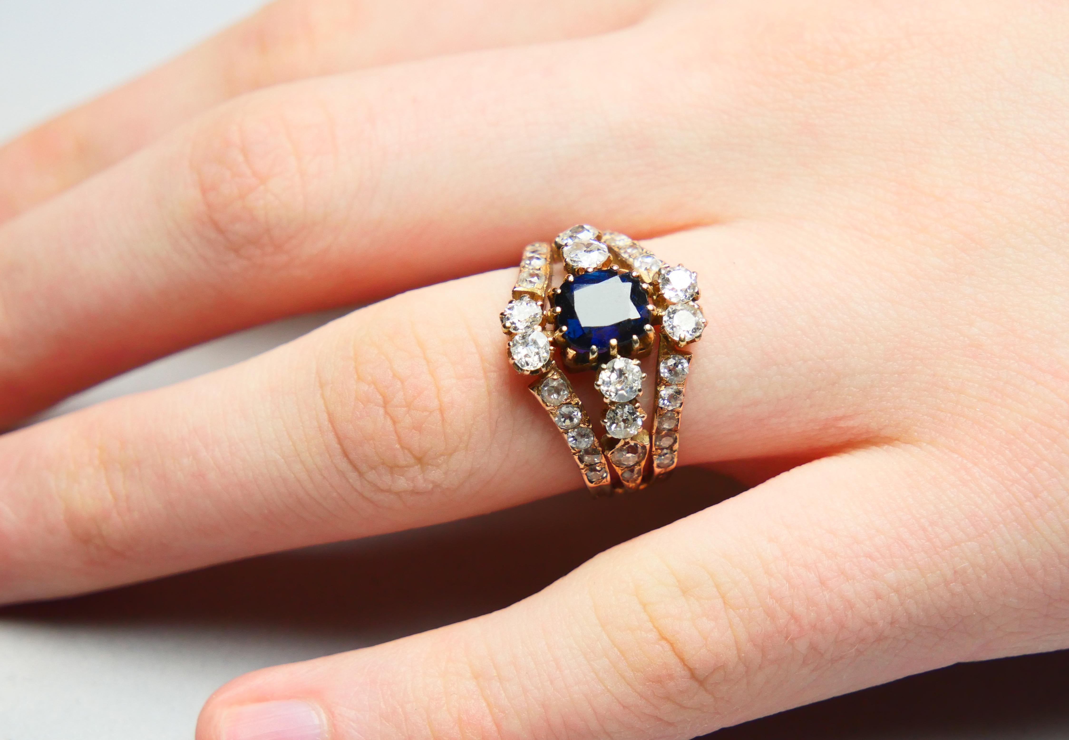Antique Ring 2ct Sapphire 2.8 ct Diamonds solid 14K Rose Gold Ø 6.5 US /4.9gr For Sale 1
