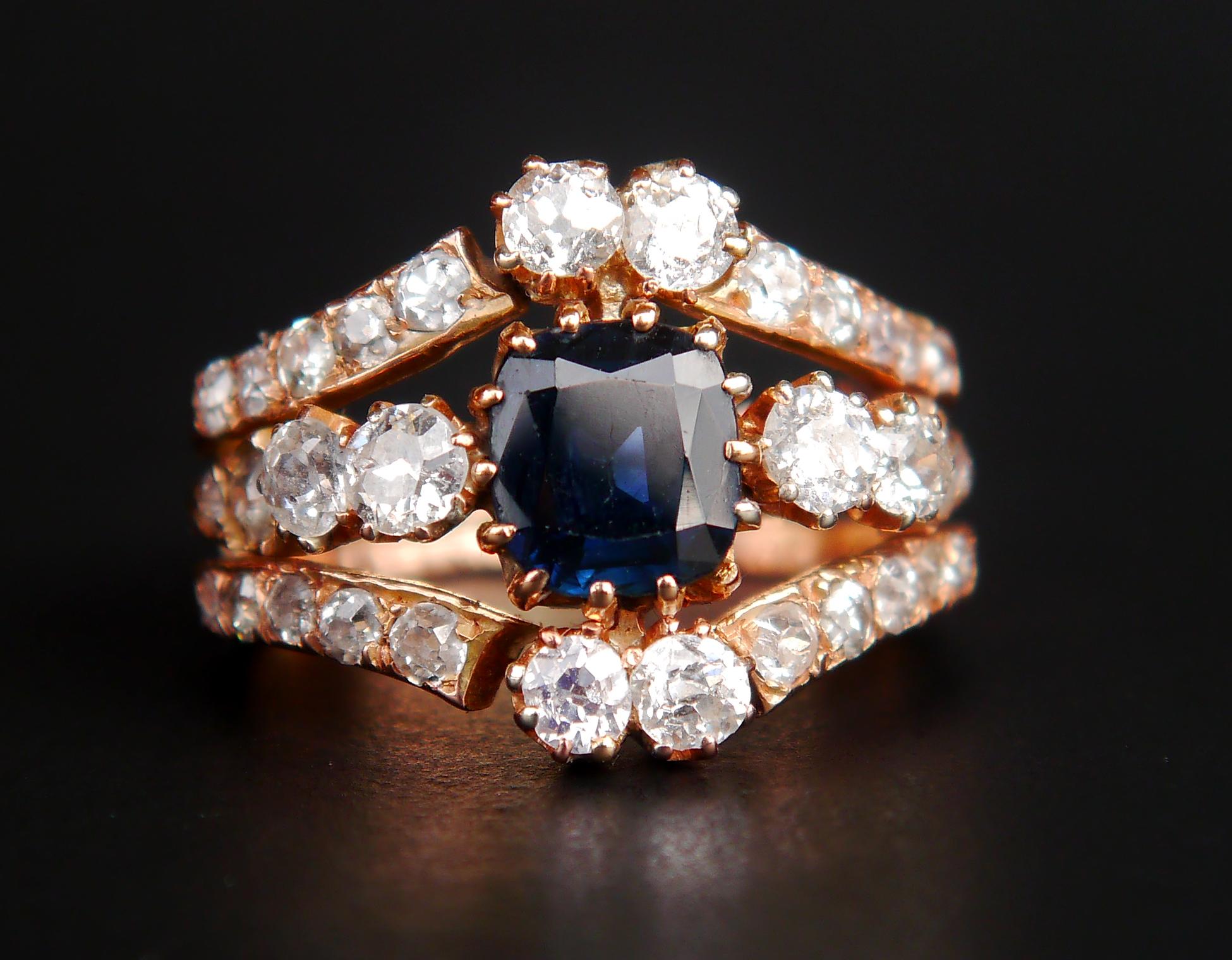 Antique Ring 2ct Sapphire 2.8 ct Diamonds solid 14K Rose Gold Ø 6.5 US /4.9gr For Sale 2