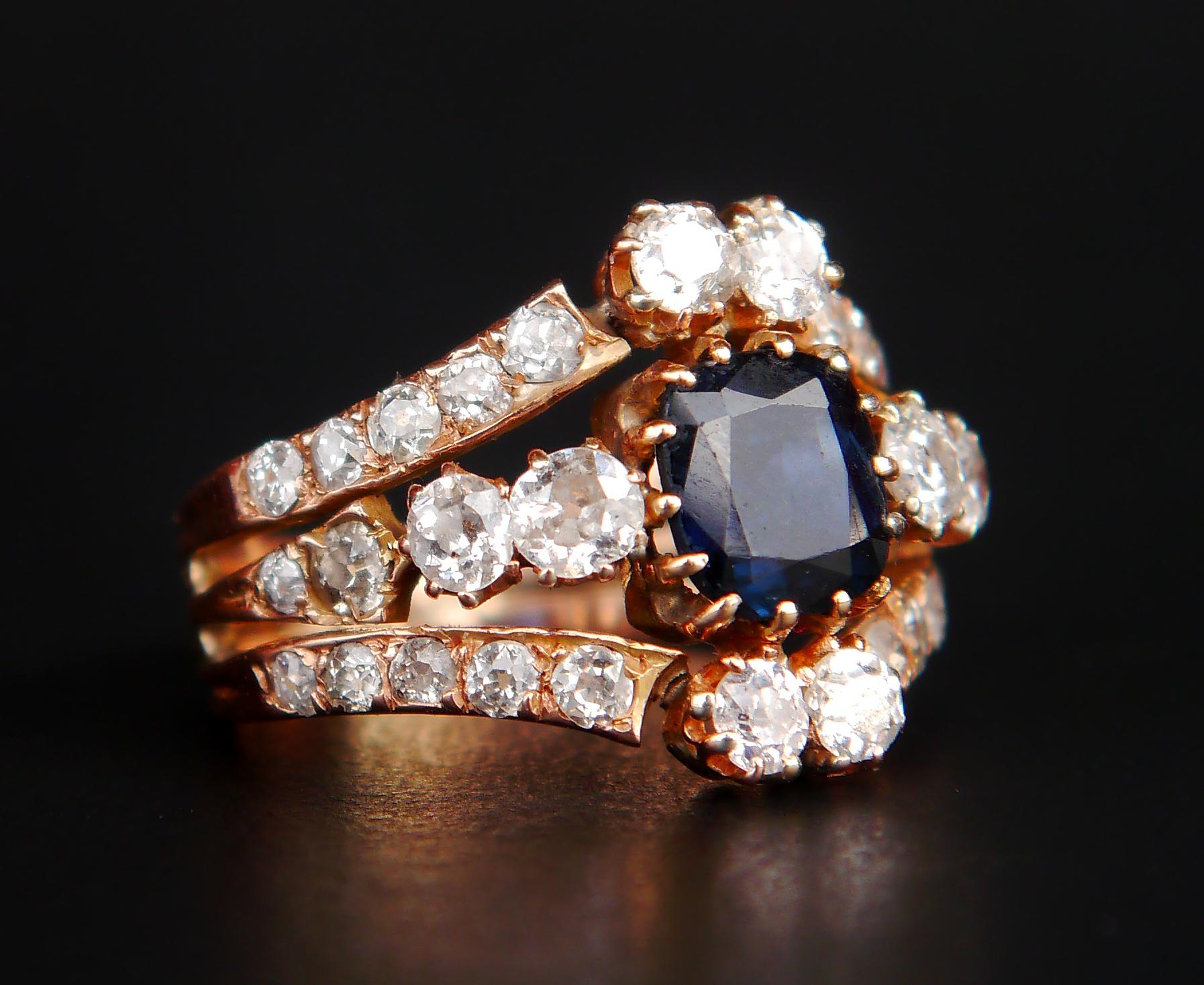Antique Ring 2ct Sapphire 2.8 ct Diamonds solid 14K Rose Gold Ø 6.5 US /4.9gr For Sale 3