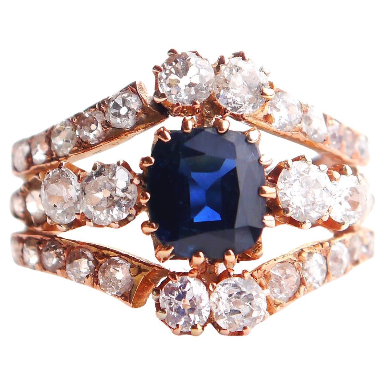Antique Ring 2ct Sapphire 2.8 ct Diamonds solid 14K Rose Gold Ø 6.5 US /4.9gr For Sale