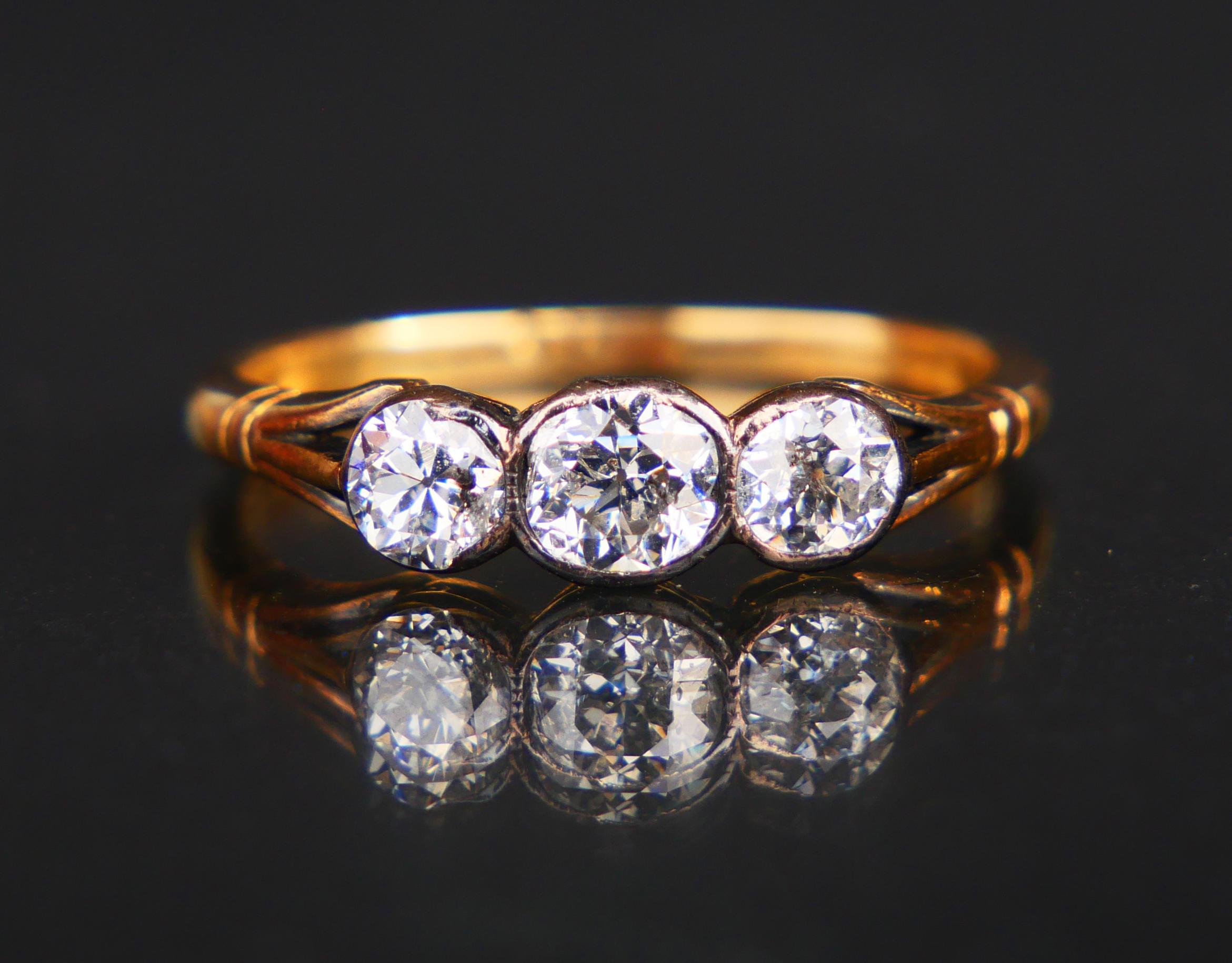 Antique Ring 3 Diamonds 1ctw. solid 18K Gold Silver Ø7.5 US /2.9gr For Sale 5
