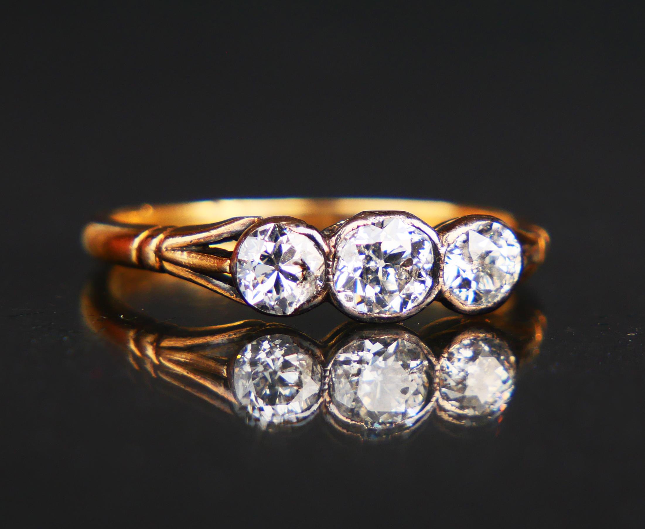 Antique Ring 3 Diamonds 1ctw. solid 18K Gold Silver Ø7.5 US /2.9gr For Sale 6