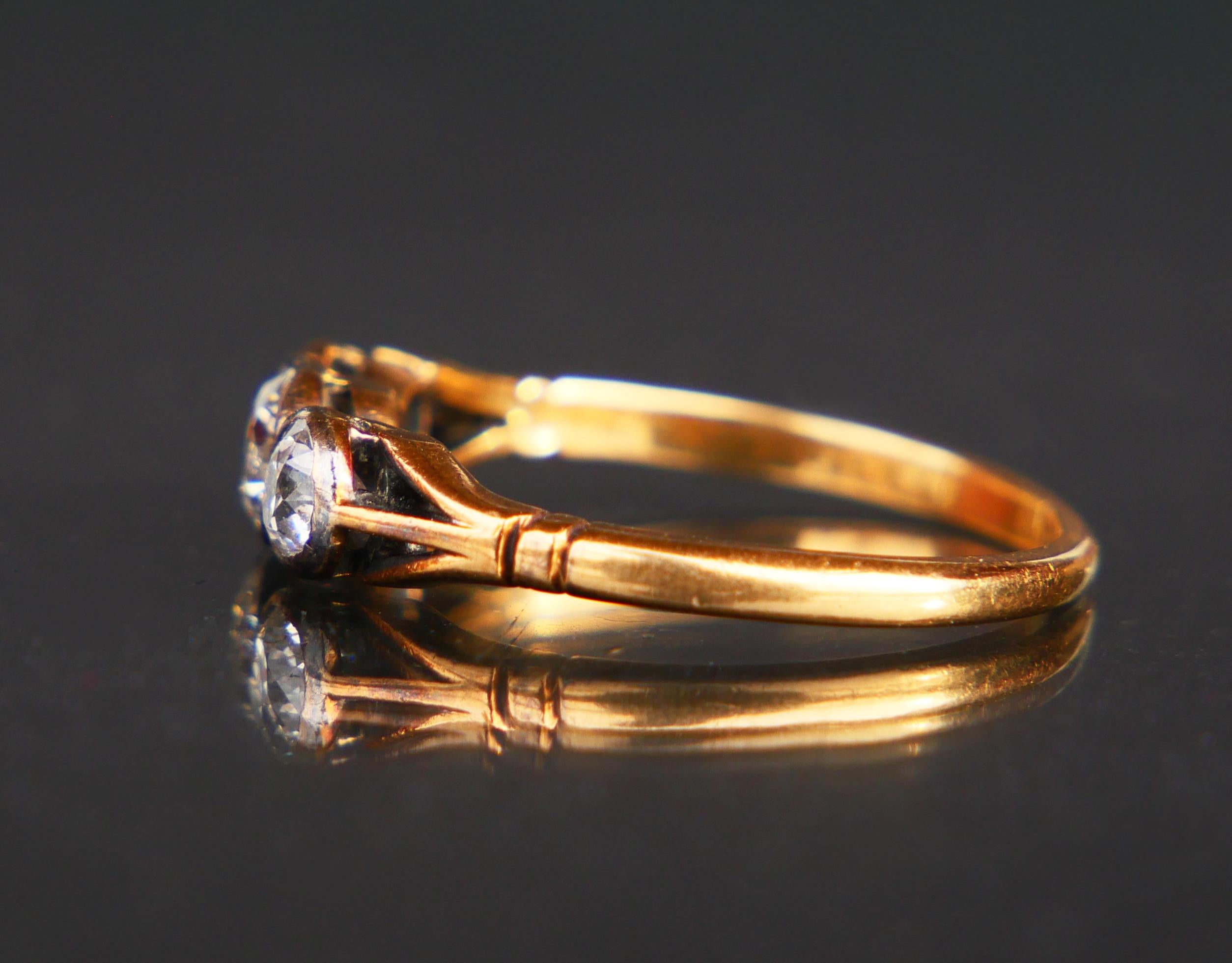 Antique Ring 3 Diamonds 1ctw. solid 18K Gold Silver Ø7.5 US /2.9gr For Sale 7