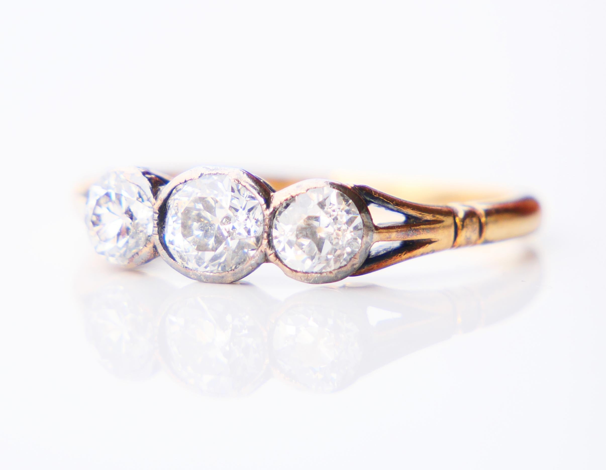 Antiker Ring 3 Diamanten 1ctw. massiv 18K Gold Silber Ø7.5 US /2.9gr (Art nouveau) im Angebot