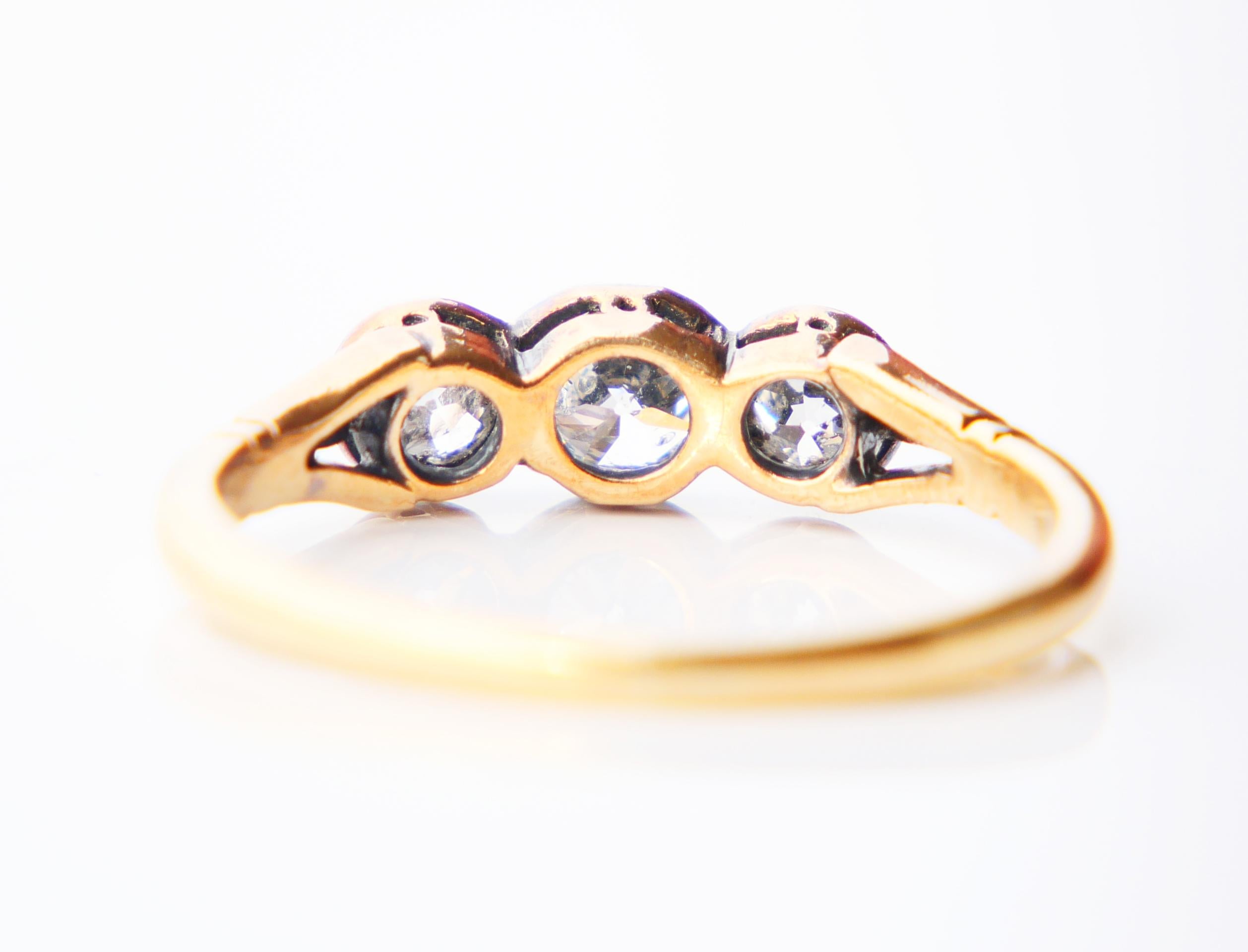 Old European Cut Antique Ring 3 Diamonds 1ctw. solid 18K Gold Silver Ø7.5 US /2.9gr For Sale