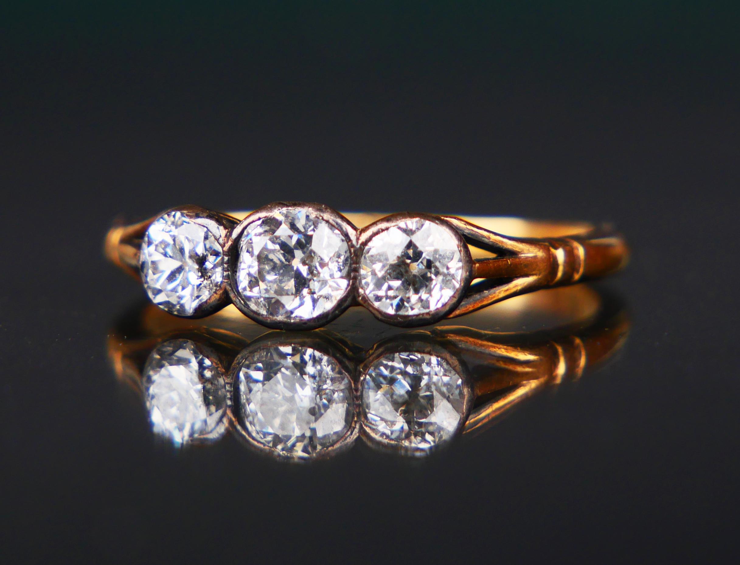 Antique Ring 3 Diamonds 1ctw. solid 18K Gold Silver Ø7.5 US /2.9gr For Sale 4