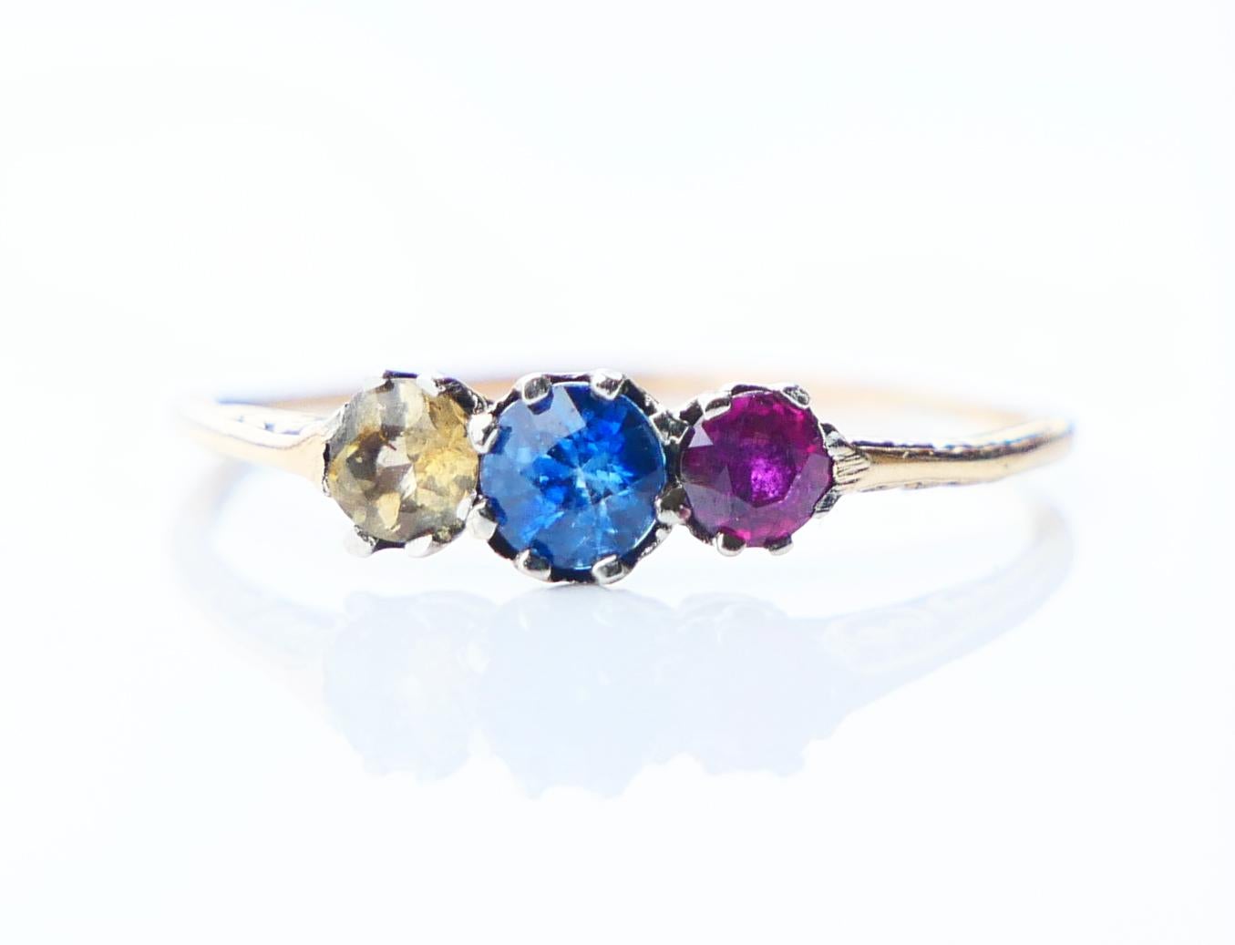 Antique Ring 3 natural Sapphire Red Blue Yellow solid 18K Gold Ø US 5.25 For Sale 2