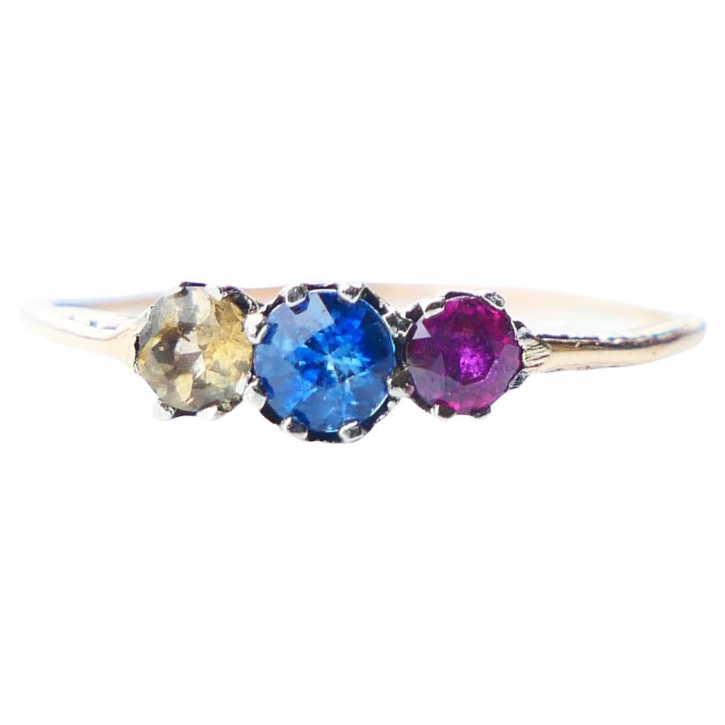Antique Ring 3 natural Sapphire Red Blue Yellow solid 18K Gold Ø US 5.25 For Sale