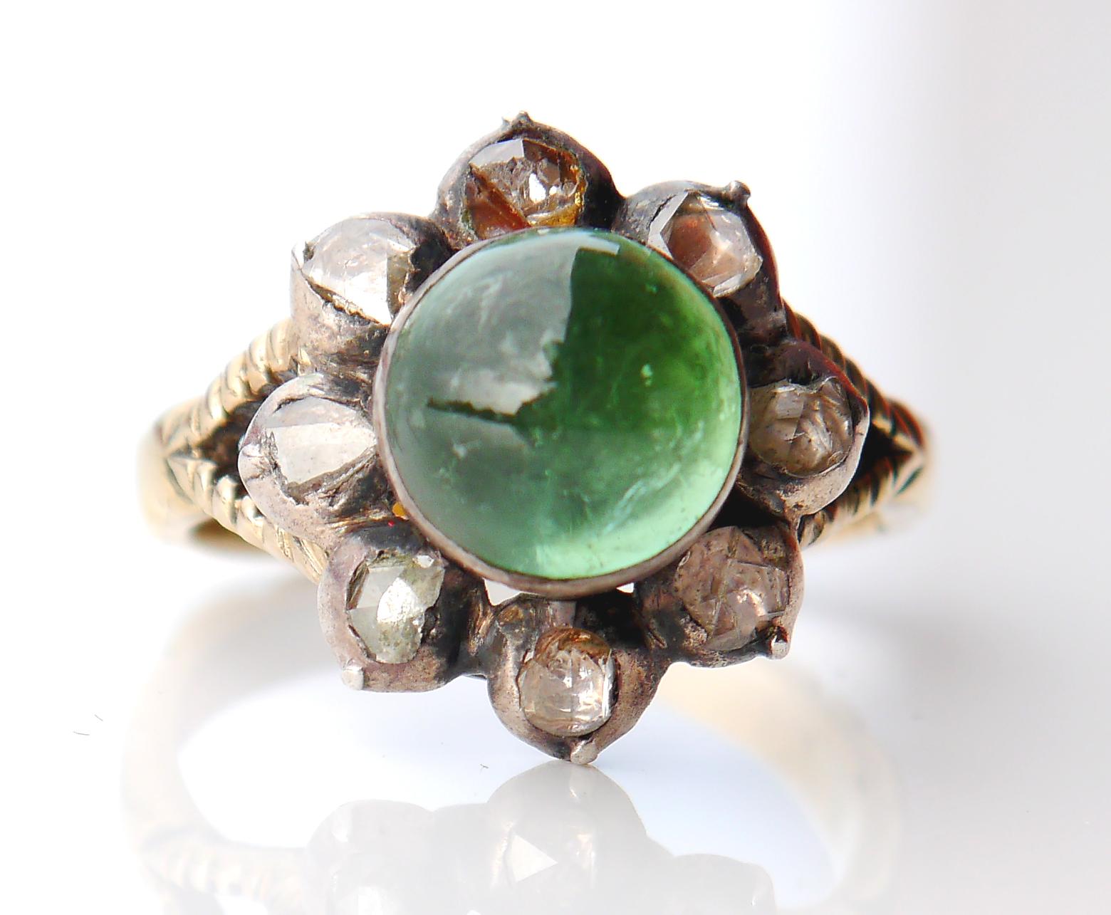 Antique Ring 3ct Tourmaline 2ct Diamonds solid Green 14K Gold Silver Ø 8US / 7g  For Sale 6