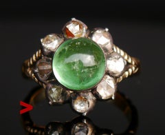 Antique Ring 3ct Tourmaline 2ct Diamonds solid Green 14K Gold Silver Ø 8US / 7g