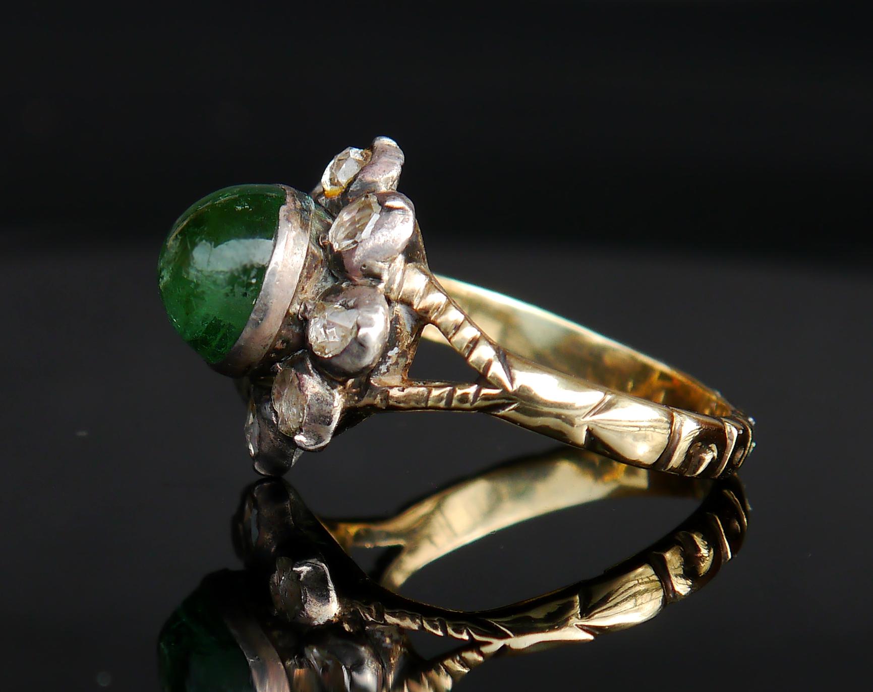 Cabochon Antique Ring 3ct Tourmaline 2ct Diamonds solid Green 14K Gold Silver Ø 8US / 7g  For Sale