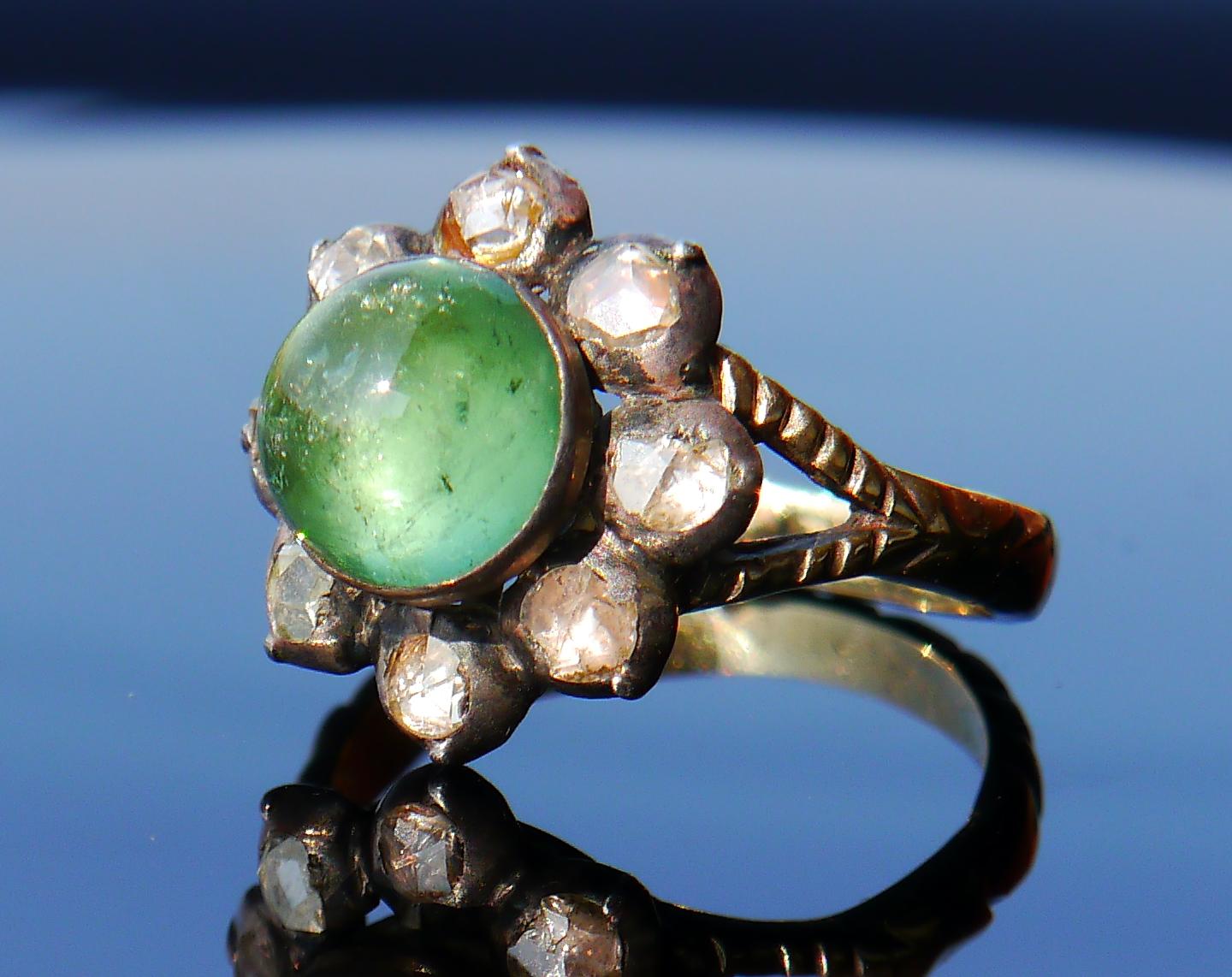 Antique Ring 3ct Tourmaline 2ct Diamonds solid Green 14K Gold Silver Ø 8US / 7g  For Sale 1