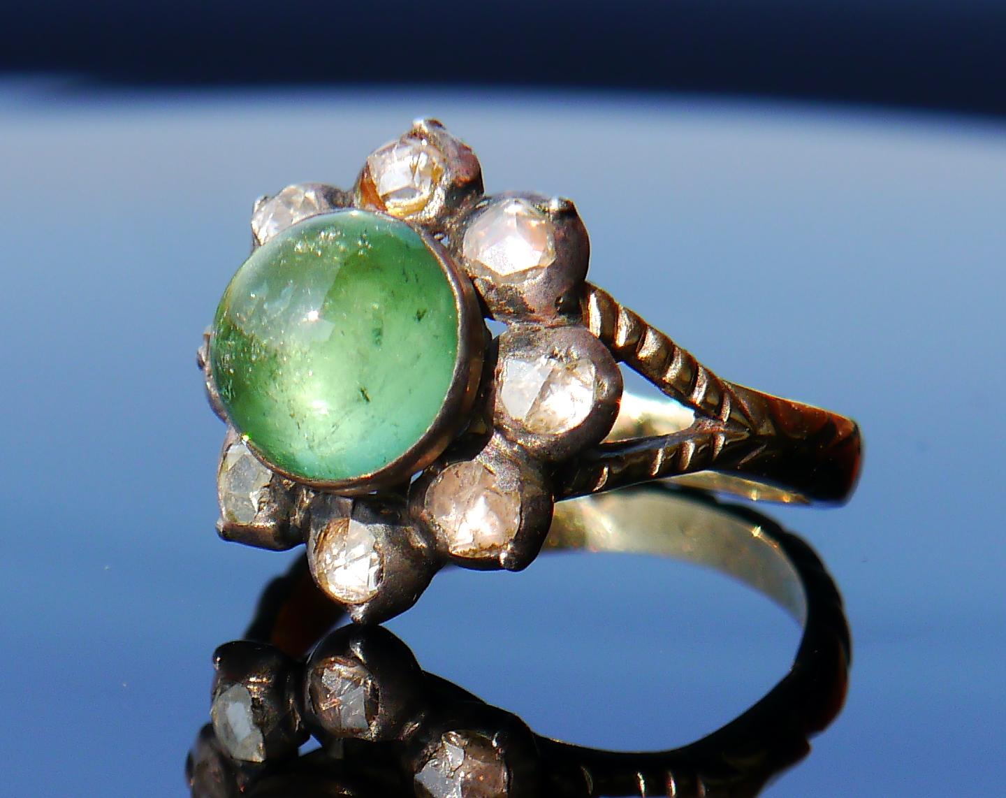 Antique Ring 3ct Tourmaline 2ct Diamonds solid Green 14K Gold Silver Ø 8US / 7g For Sale 1