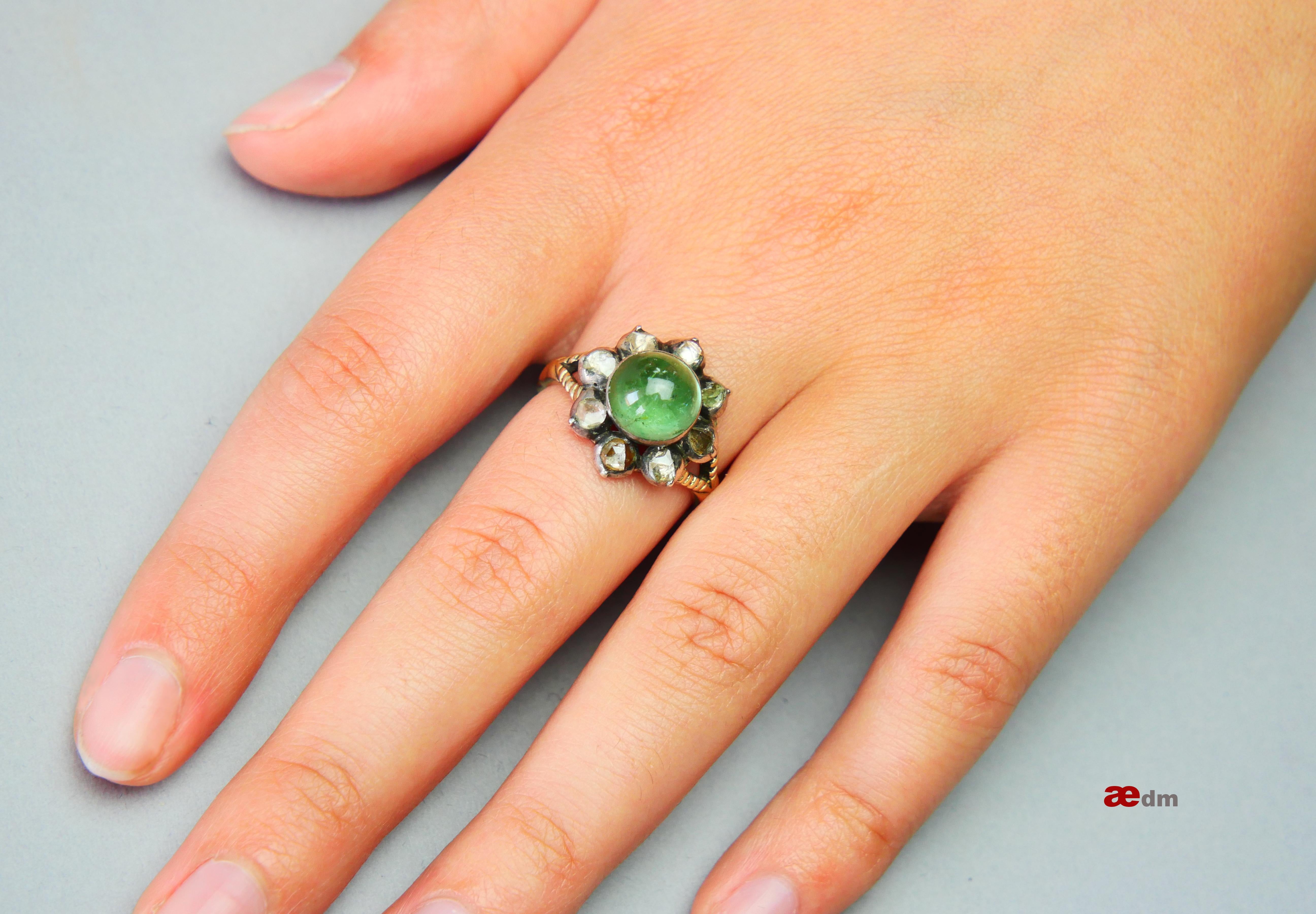 Antique Ring 3ct Tourmaline 2ct Diamonds solid Green 14K Gold Silver Ø 8US / 7g  For Sale 3