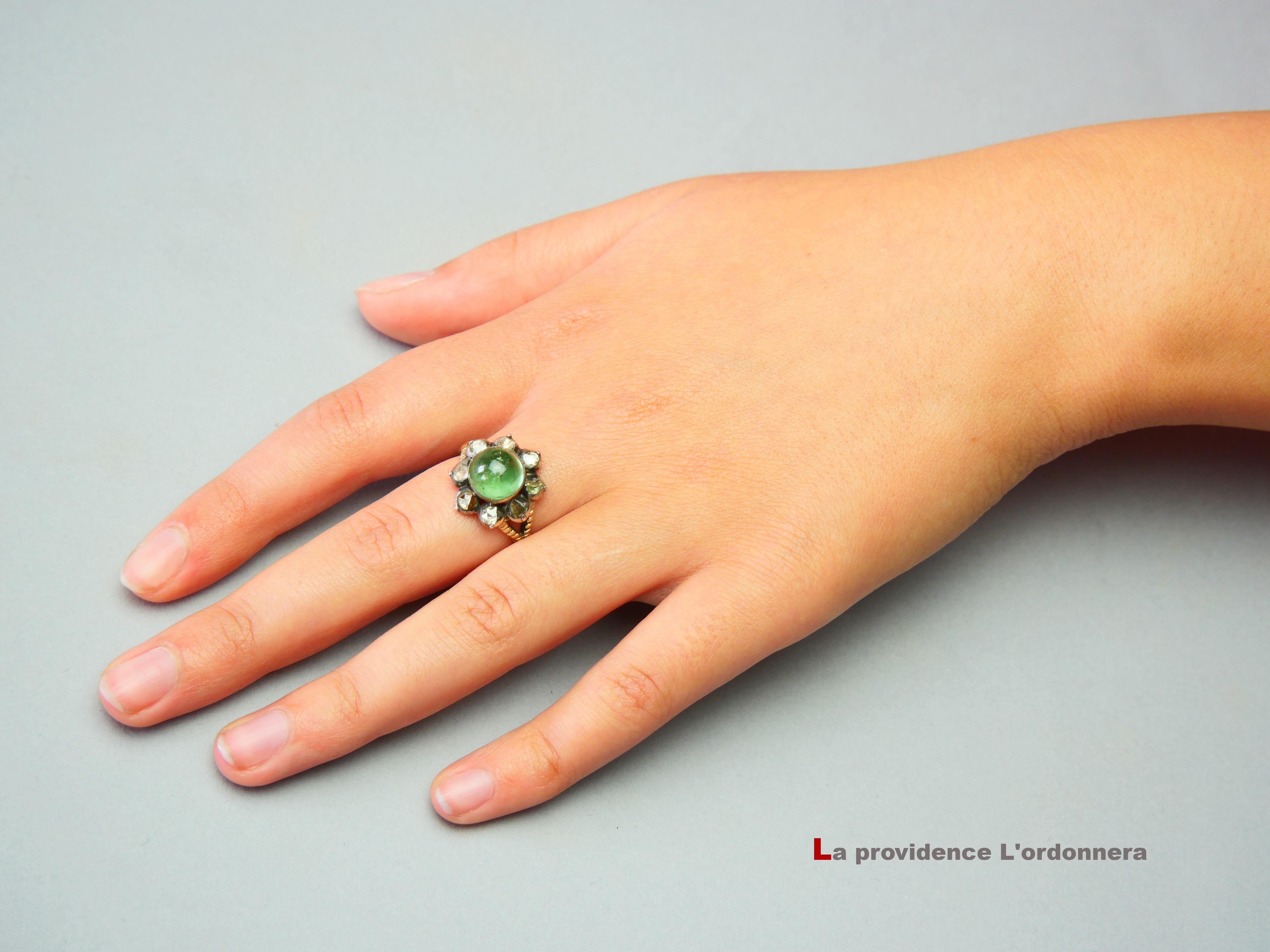 Antique Ring 3ct Tourmaline 2ct Diamonds solid Green 14K Gold Silver Ø 8US / 7g For Sale 4