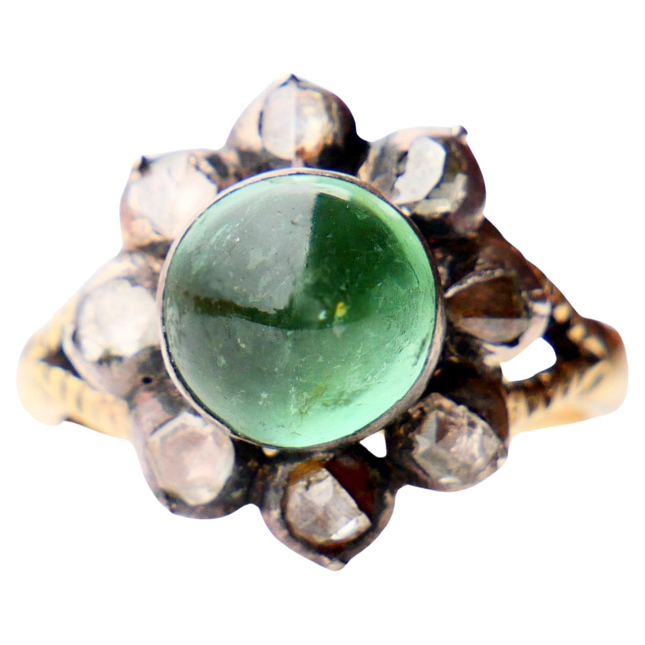 Antique Ring 3ct Tourmaline 2ct Diamonds solid Green 14K Gold Silver Ø 8US / 7g  For Sale